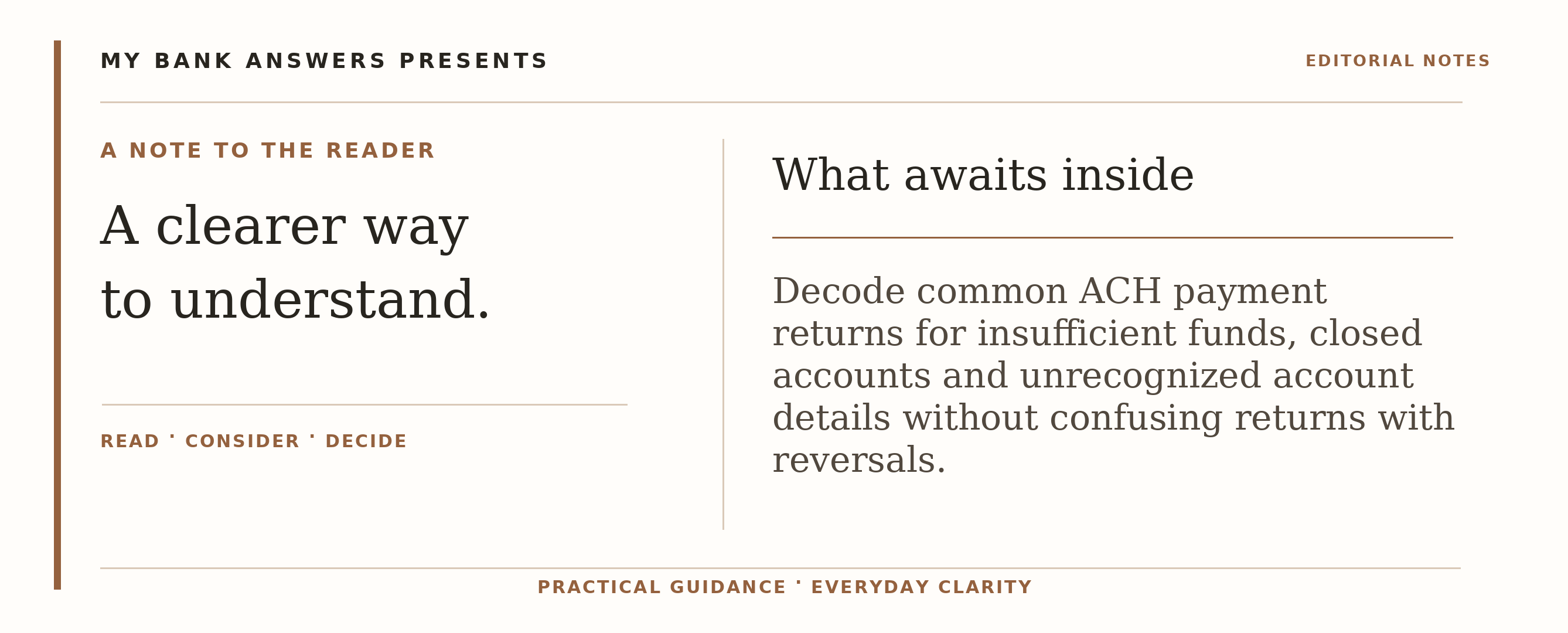 Editorial introduction: Decode common ACH payment returns for insufficient funds, closed accounts and unrecognized account details without confusing returns with reve