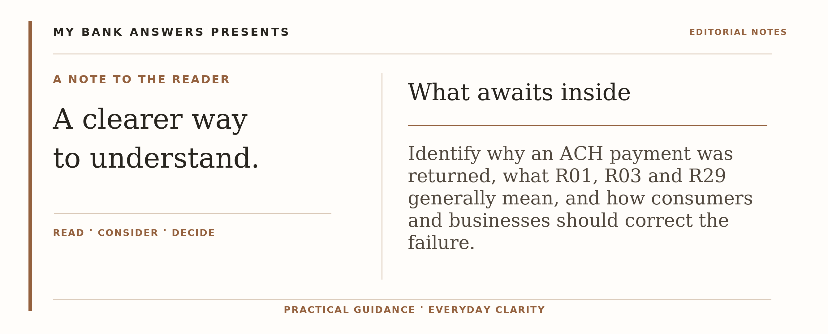 Editorial introduction: Identify why an ACH payment was returned, what R01, R03 and R29 generally mean, and how consumers and businesses should correct the failure.