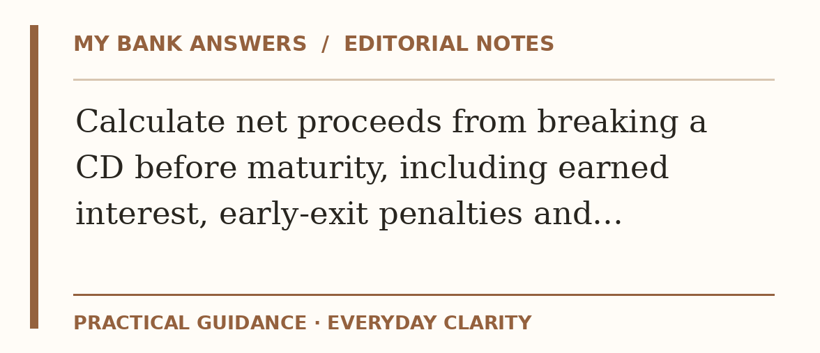 Editorial guide: Calculate net proceeds from breaking a CD before maturity, including earned interest, early-exit penalties and…