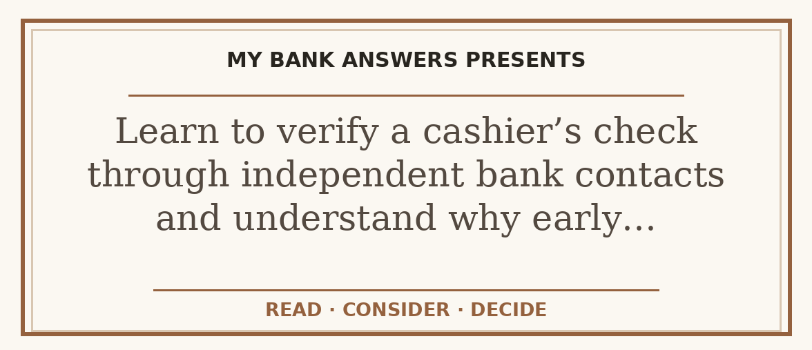 Editorial guide: Learn to verify a cashier’s check through independent bank contacts and understand why early…