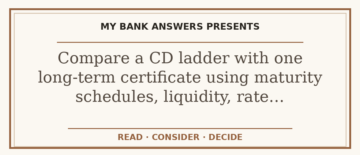 Editorial guide: Compare a CD ladder with one long-term certificate using maturity schedules, liquidity, rate…