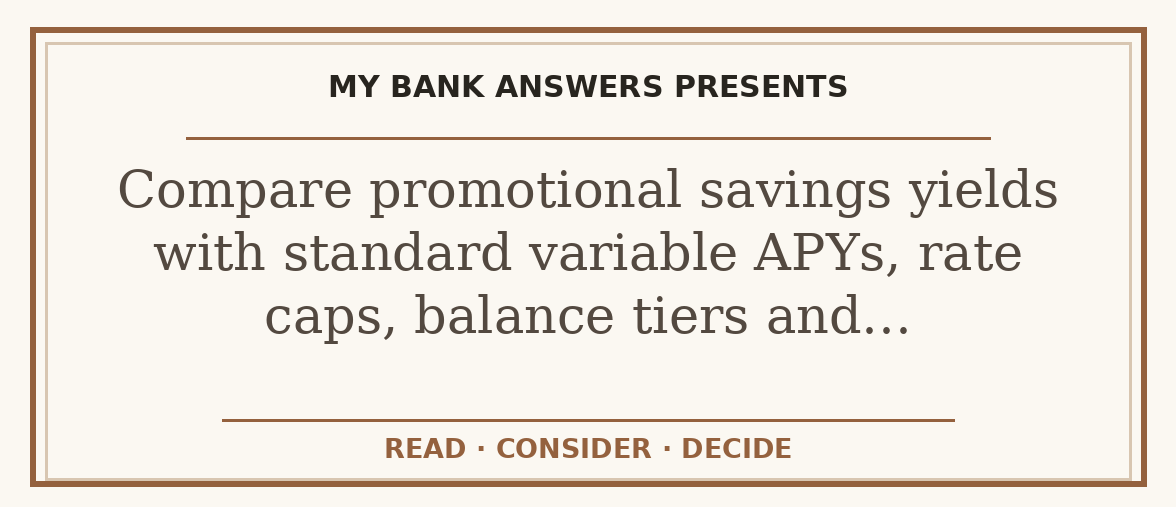 Editorial guide: Compare promotional savings yields with standard variable APYs, rate caps, balance tiers and…