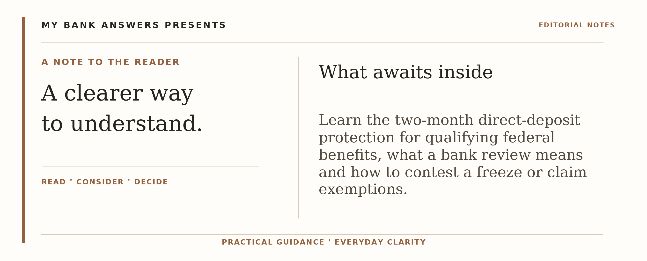Editorial introduction: Learn the two-month direct-deposit protection for qualifying federal benefits, what a bank review means and how to contest a freeze or claim e