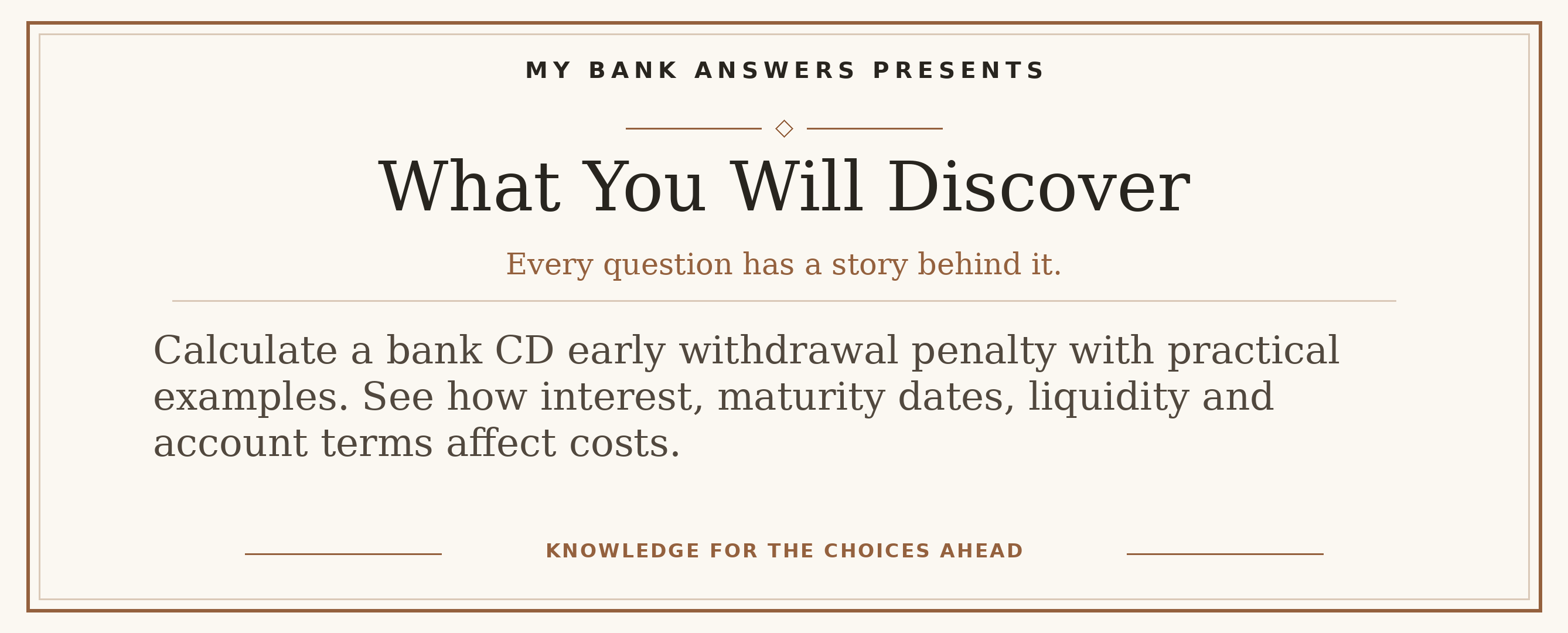 Editorial introduction: Calculate a bank CD early withdrawal penalty with practical examples. See how interest, maturity dates, liquidity and account terms affect cos