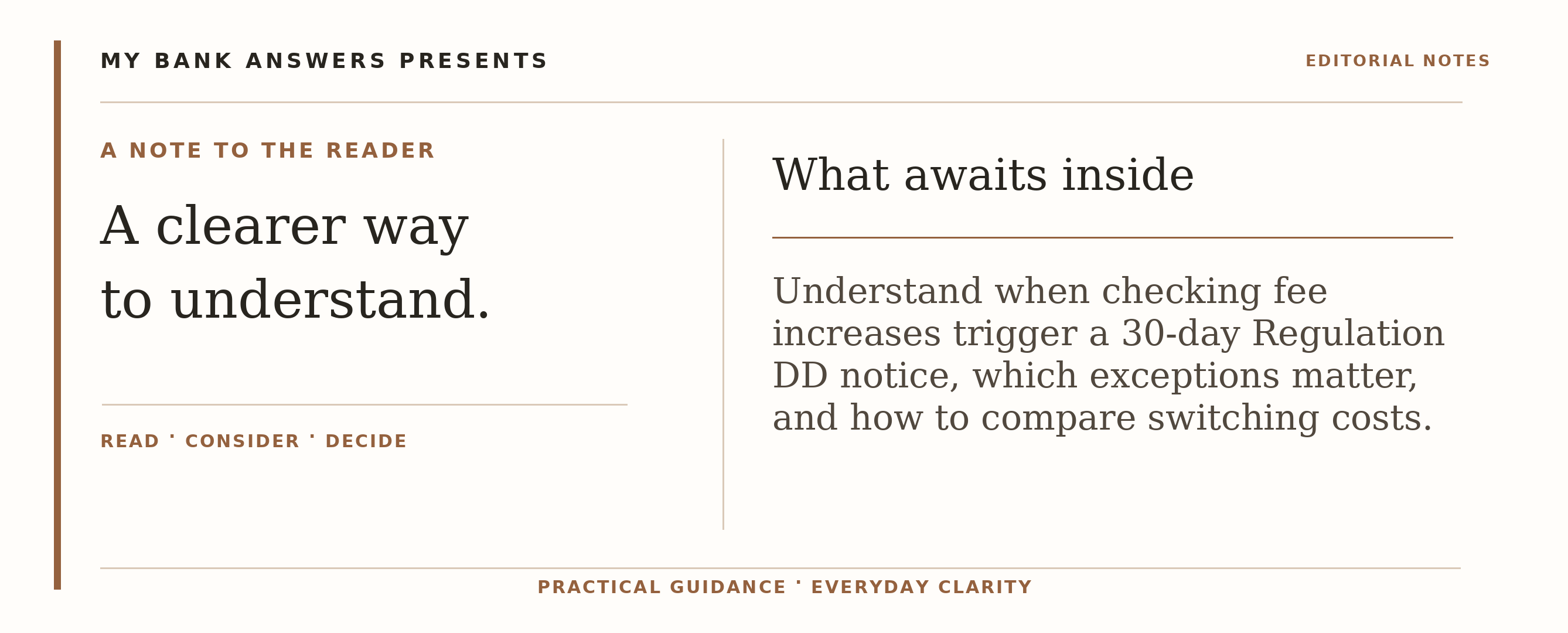 Editorial introduction: Understand when checking fee increases trigger a 30-day Regulation DD notice, which exceptions matter, and how to compare switching costs.