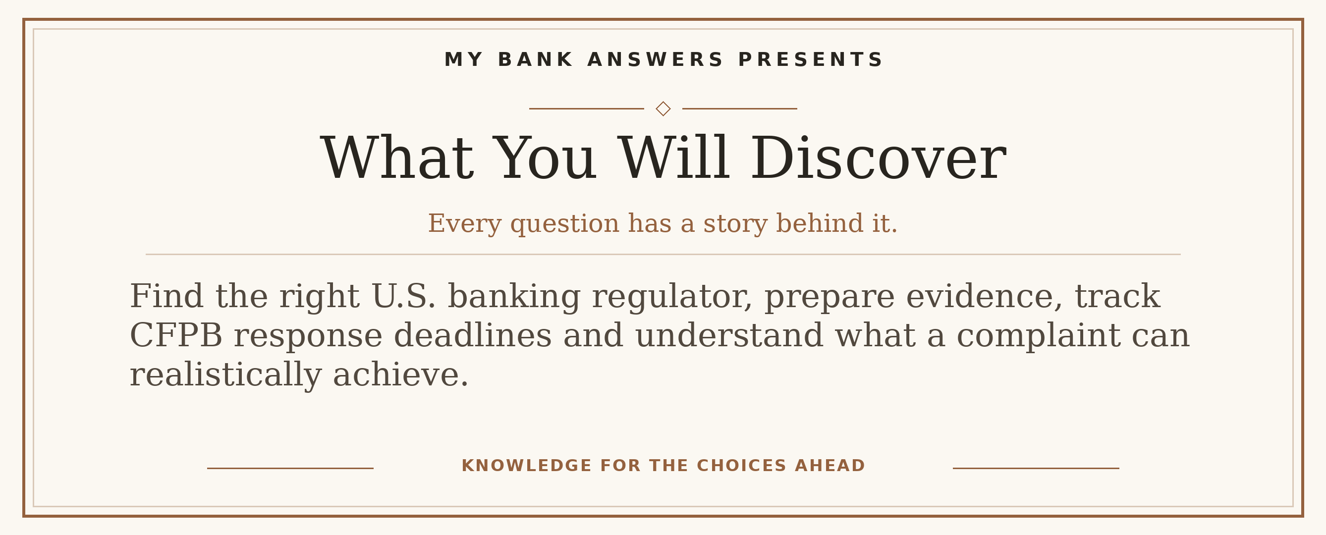 Editorial introduction: Find the right U.S. banking regulator, prepare evidence, track CFPB response deadlines and understand what a complaint can realistically achie