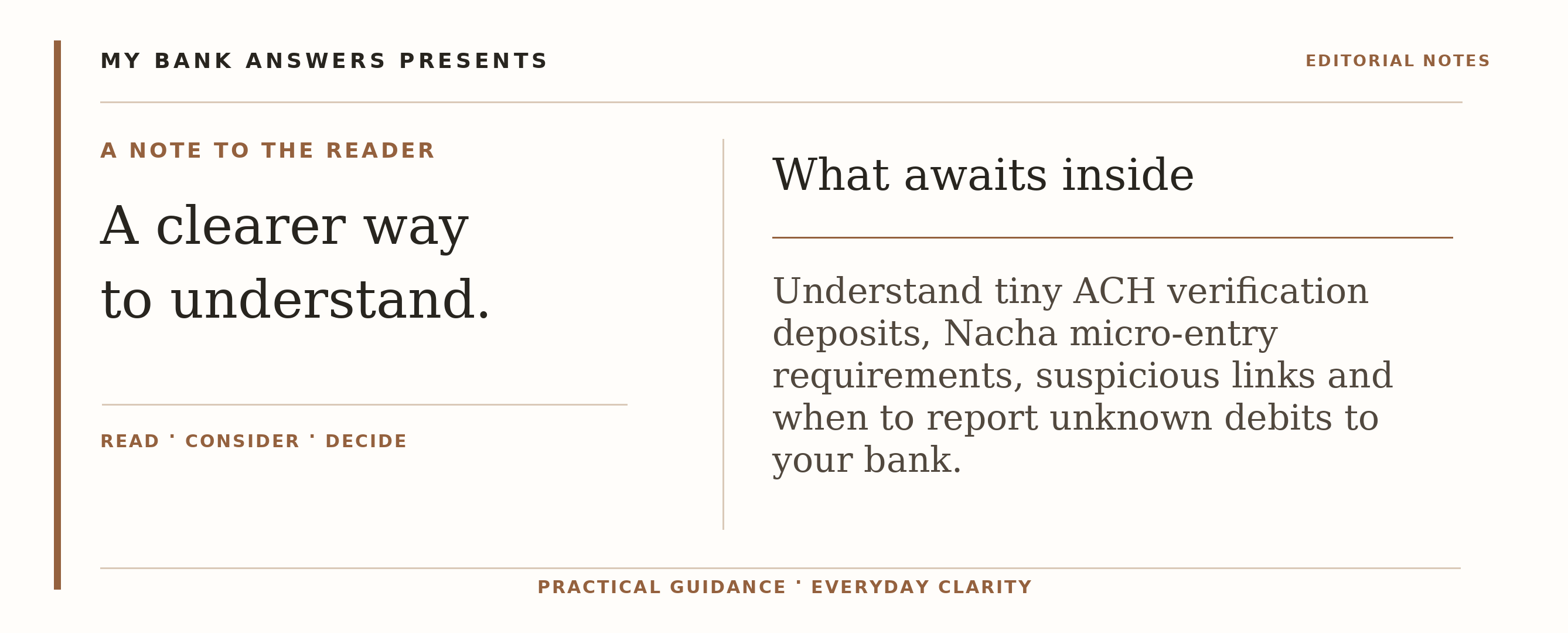 Editorial introduction: Understand tiny ACH verification deposits, Nacha micro-entry requirements, suspicious links and when to report unknown debits to your bank.
