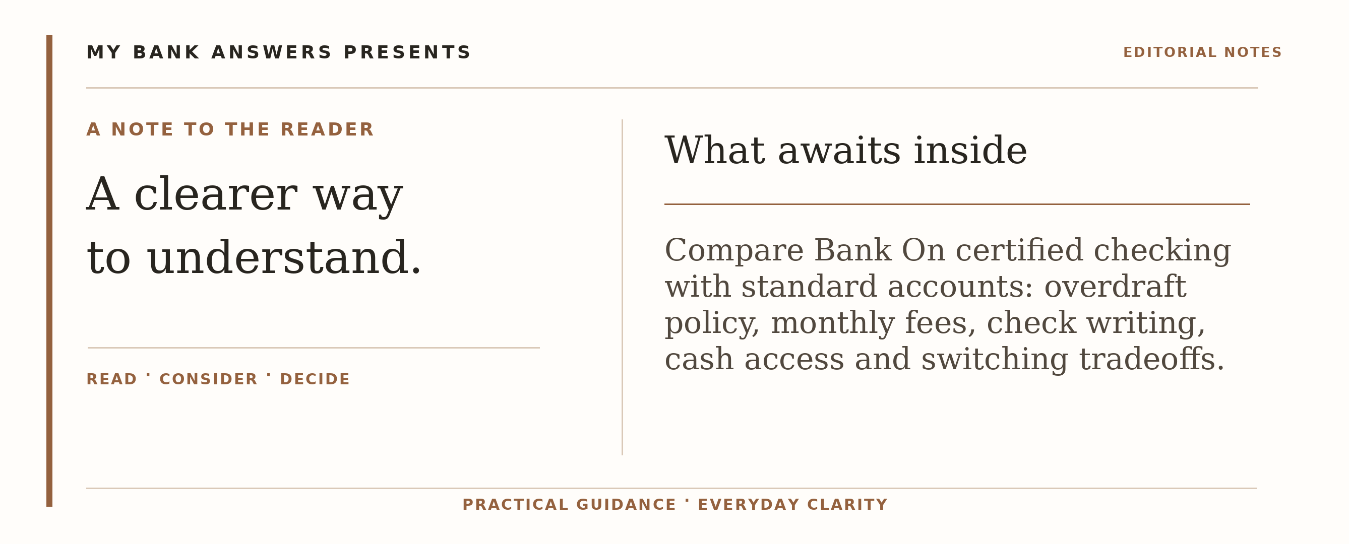 Editorial introduction: Compare Bank On certified checking with standard accounts: overdraft policy, monthly fees, check writing, cash access and switching tradeoffs.