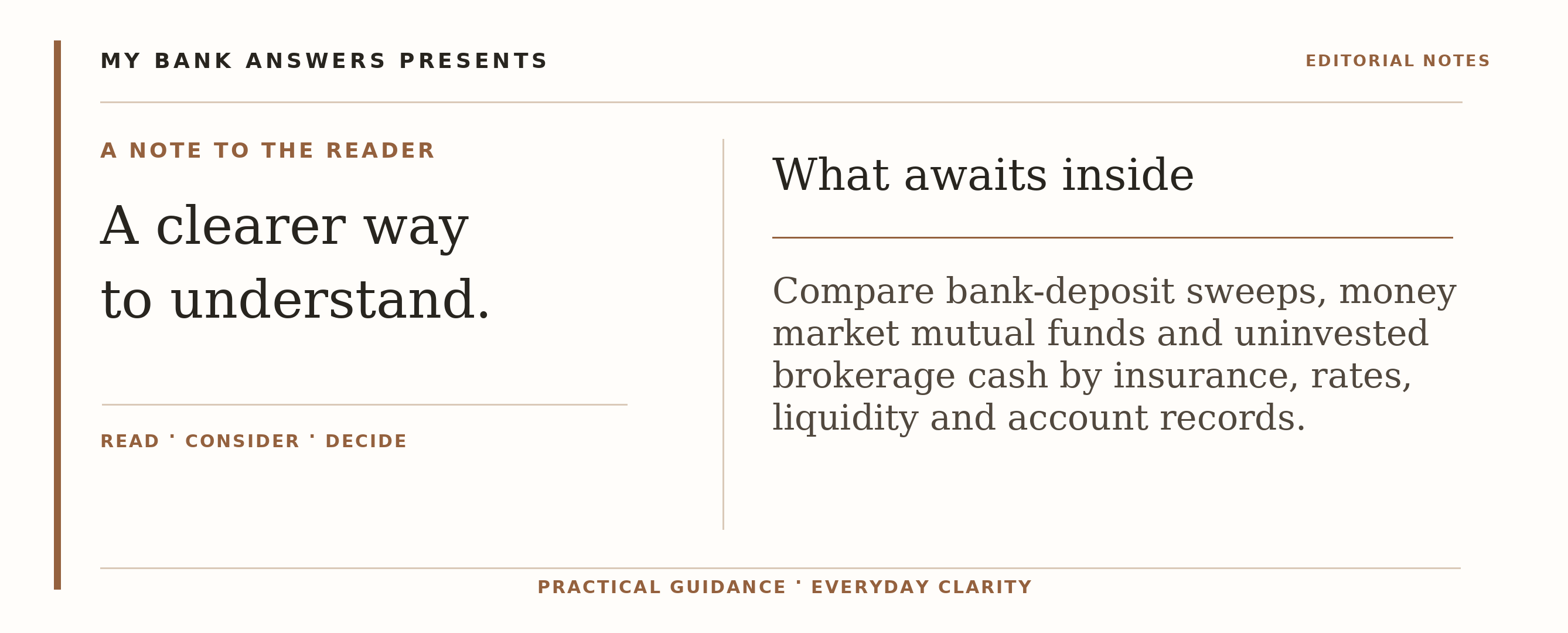 Editorial introduction: Compare bank-deposit sweeps, money market mutual funds and uninvested brokerage cash by insurance, rates, liquidity and account records.