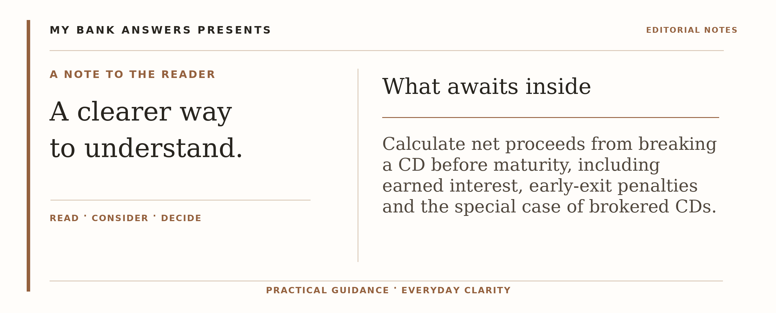 Editorial introduction: Calculate net proceeds from breaking a CD before maturity, including earned interest, early-exit penalties and the special case of brokered CD