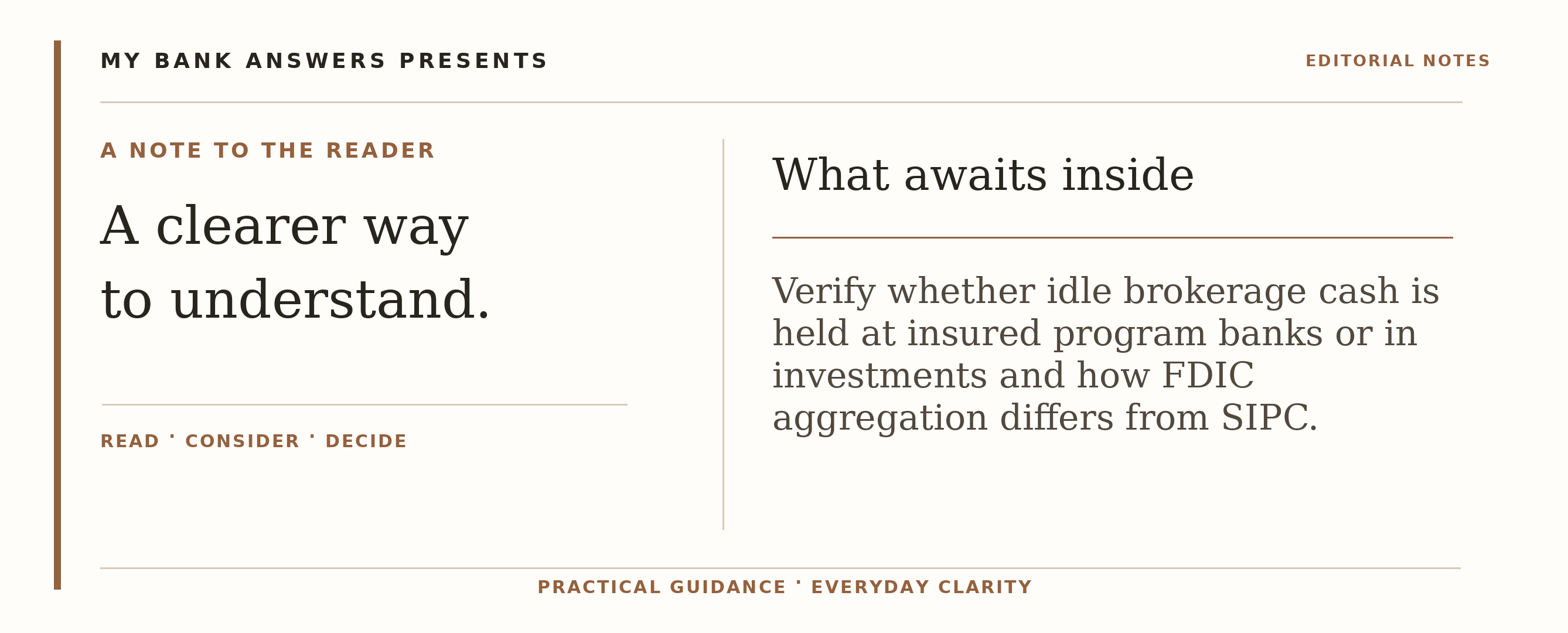 Editorial introduction: Verify whether idle brokerage cash is held at insured program banks or in investments and how FDIC aggregation differs from SIPC.
