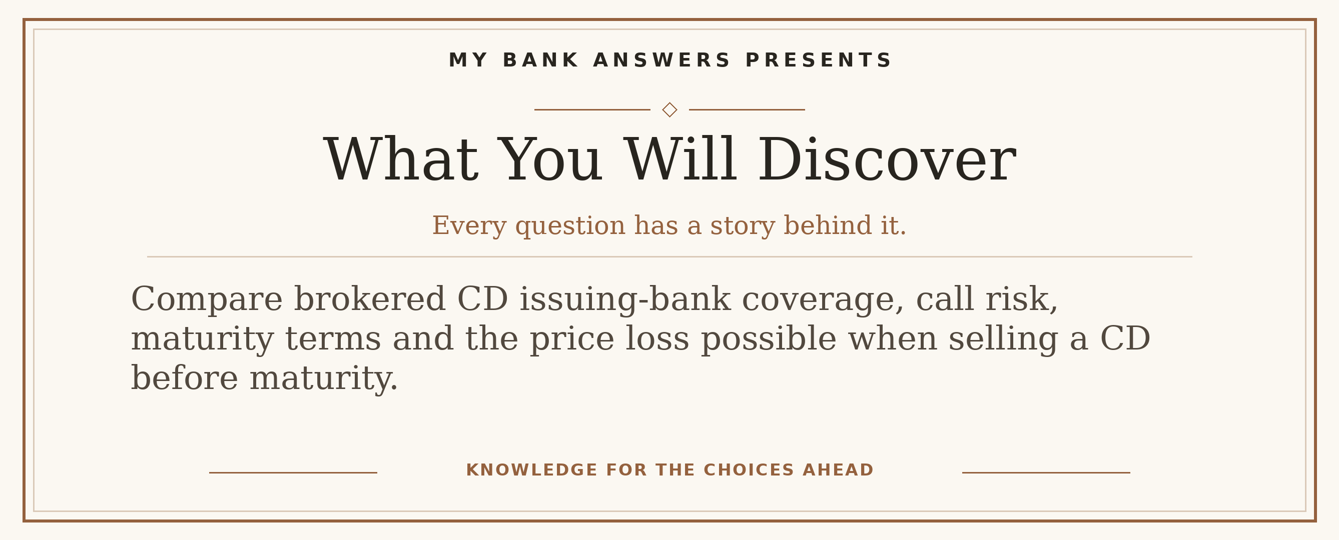 Editorial introduction: Compare brokered CD issuing-bank coverage, call risk, maturity terms and the price loss possible when selling a CD before maturity.