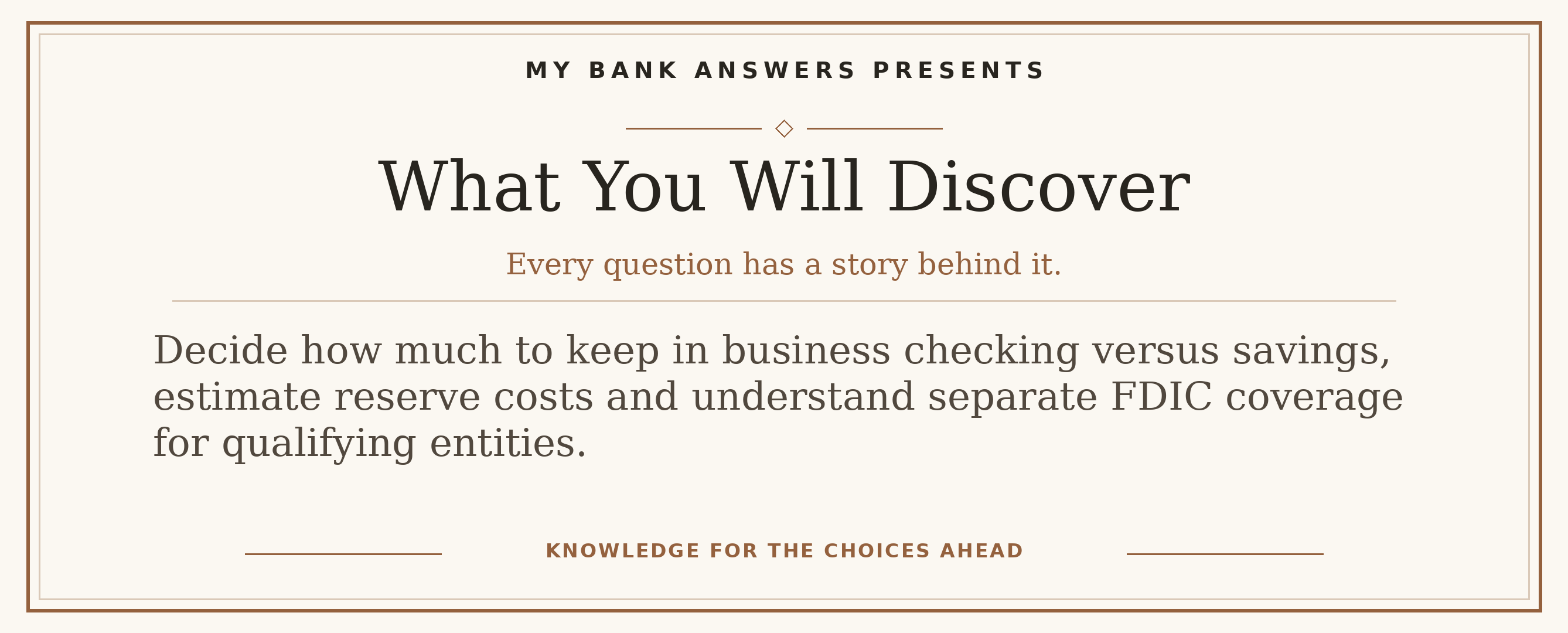 Editorial introduction: Decide how much to keep in business checking versus savings, estimate reserve costs and understand separate FDIC coverage for qualifying entit