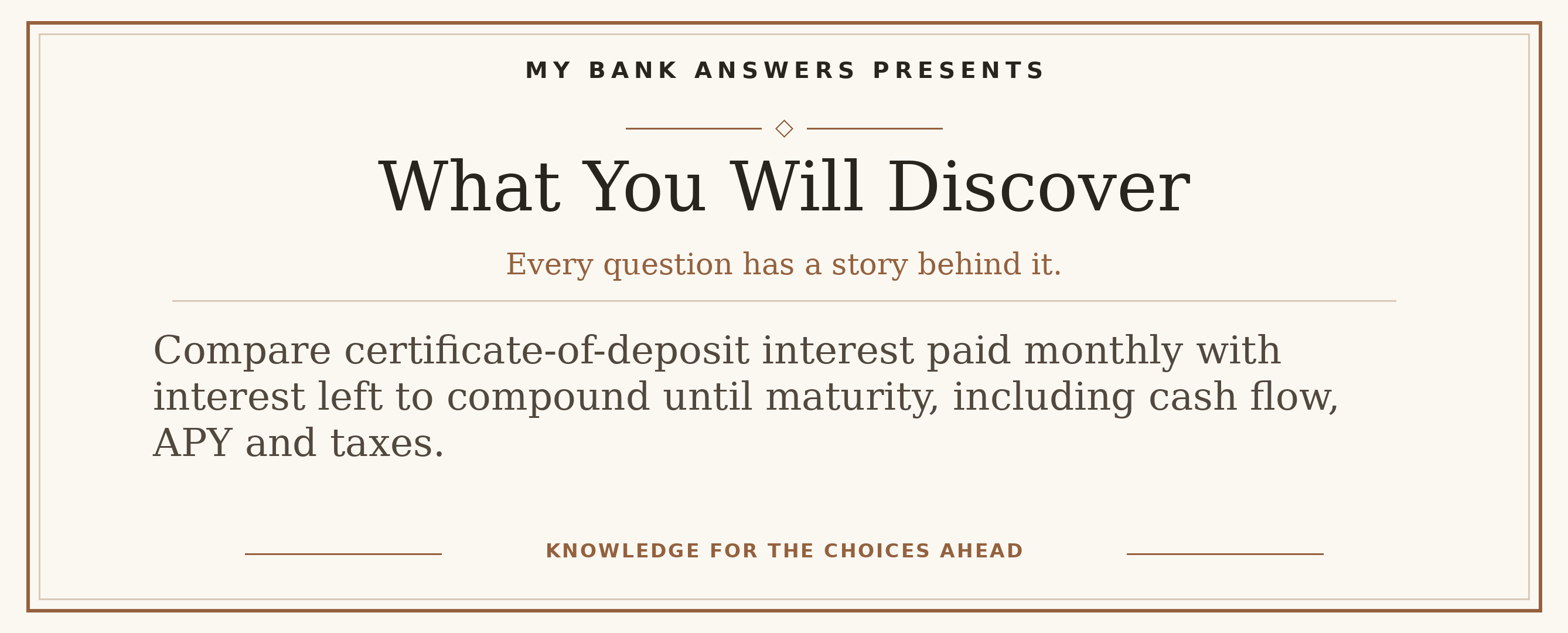 Editorial introduction: Compare certificate-of-deposit interest paid monthly with interest left to compound until maturity, including cash flow, APY and taxes.