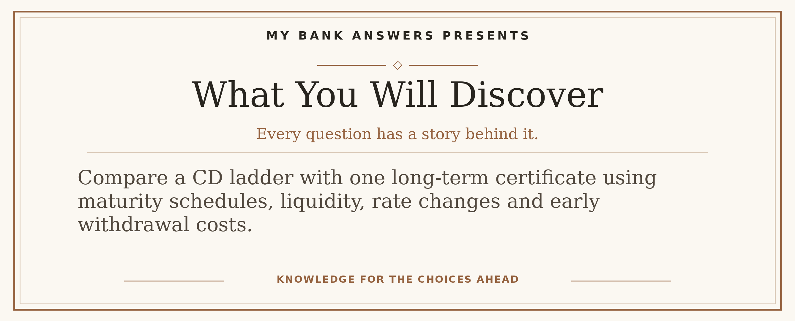 Editorial introduction: Compare a CD ladder with one long-term certificate using maturity schedules, liquidity, rate changes and early withdrawal costs.