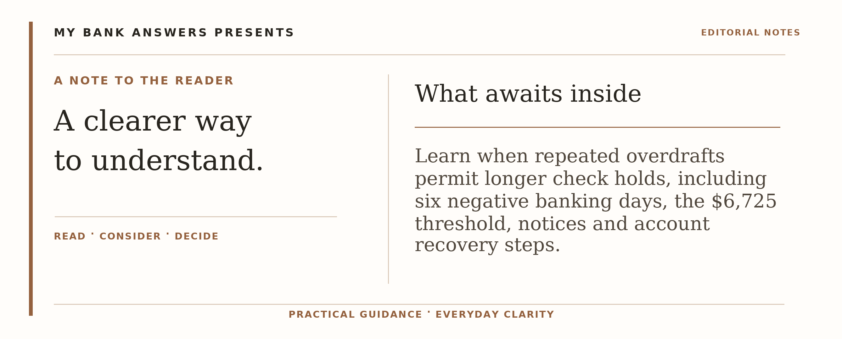 Editorial introduction: Learn when repeated overdrafts permit longer check holds, including six negative banking days, the $6,725 threshold, notices and account recov
