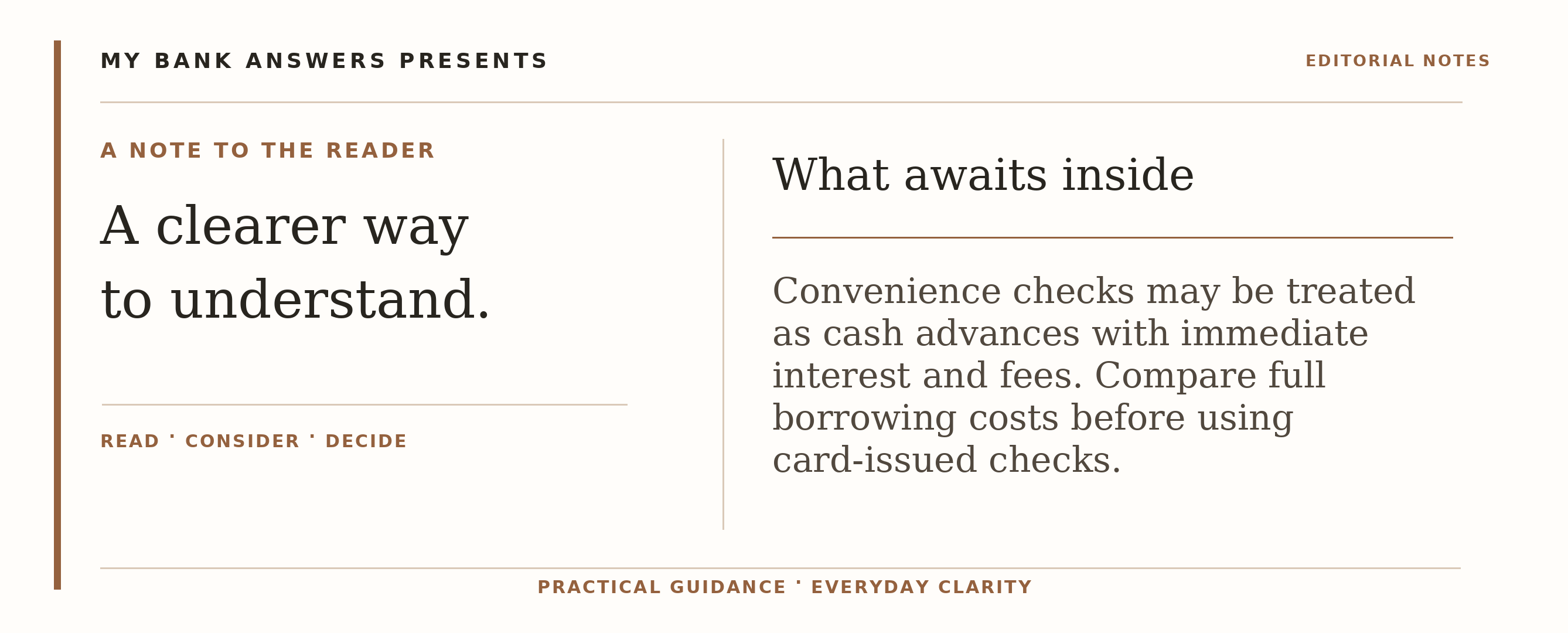 Editorial introduction: Convenience checks may be treated as cash advances with immediate interest and fees. Compare full borrowing costs before using card-issued che