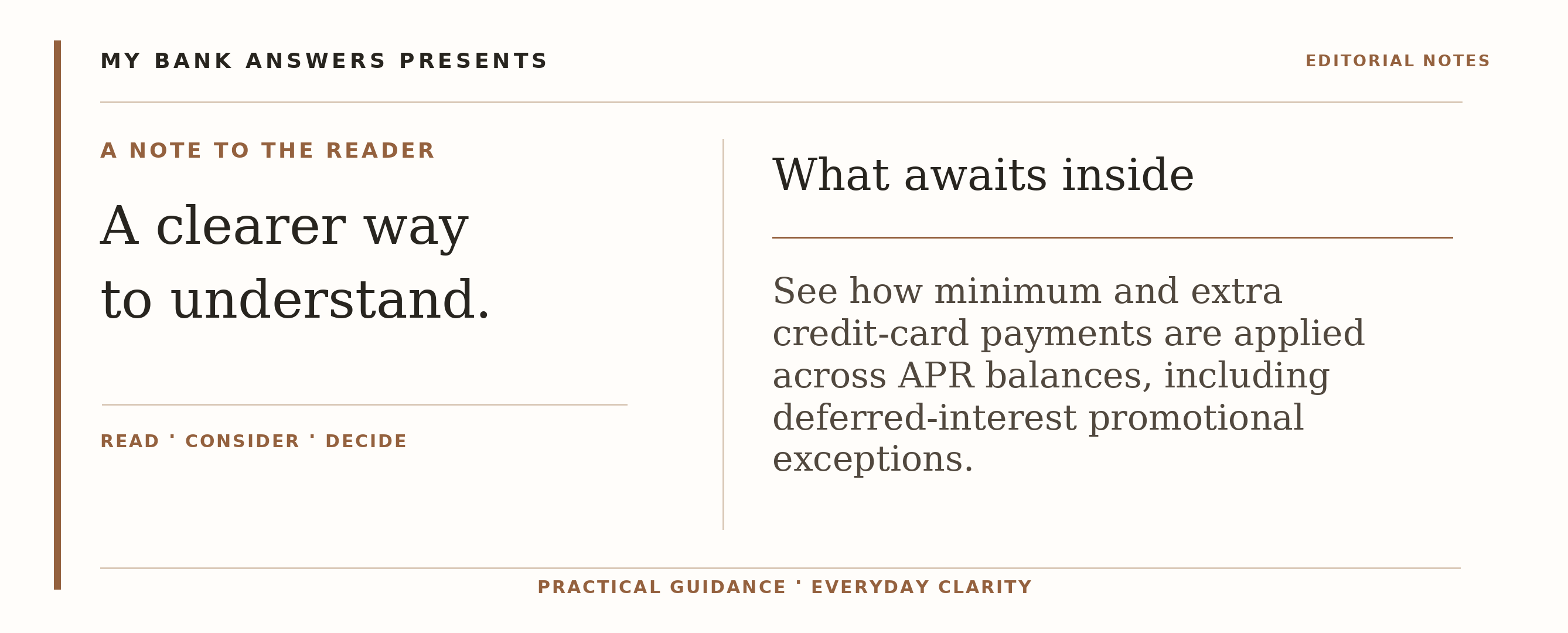 Editorial introduction: See how minimum and extra credit-card payments are applied across APR balances, including deferred-interest promotional exceptions.