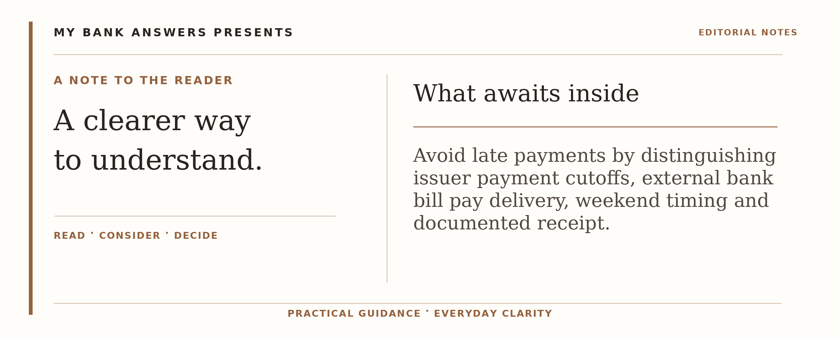 Editorial introduction: Avoid late payments by distinguishing issuer payment cutoffs, external bank bill pay delivery, weekend timing and documented receipt.