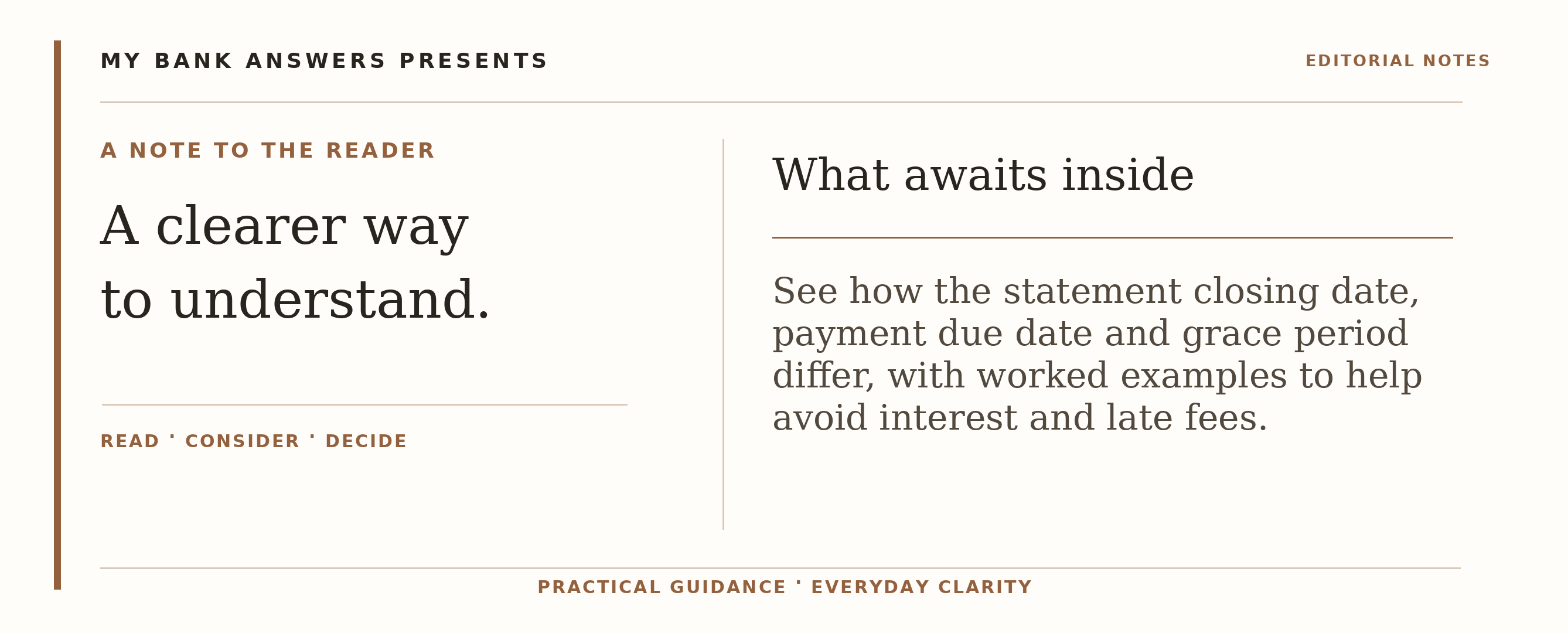 Editorial introduction: See how the statement closing date, payment due date and grace period differ, with worked examples to help avoid interest and late fees.