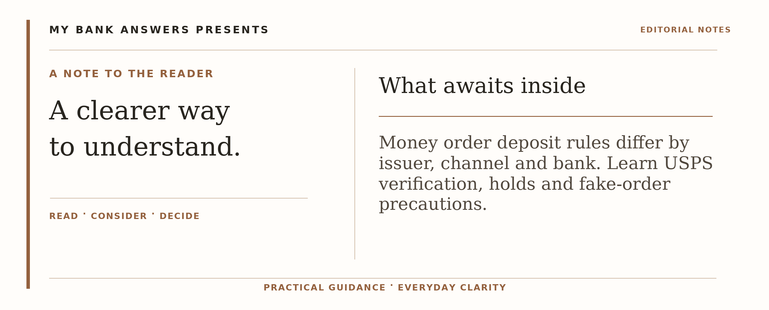 Editorial introduction: Money order deposit rules differ by issuer, channel and bank. Learn USPS verification, holds and fake-order precautions.
