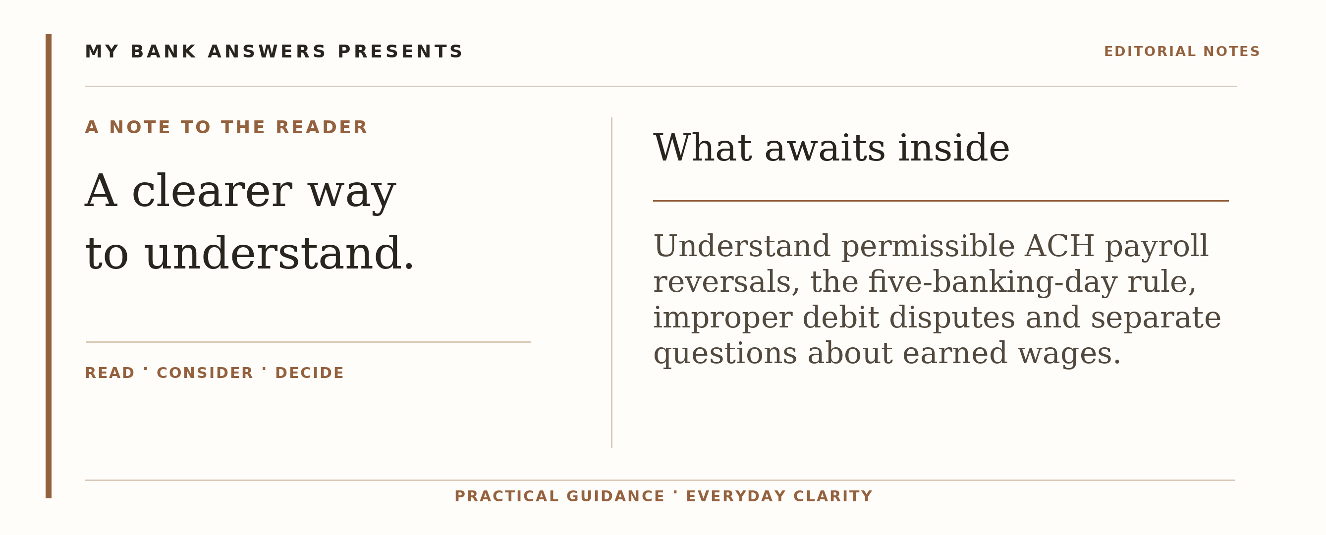 Editorial introduction: Understand permissible ACH payroll reversals, the five-banking-day rule, improper debit disputes and separate questions about earned wages.