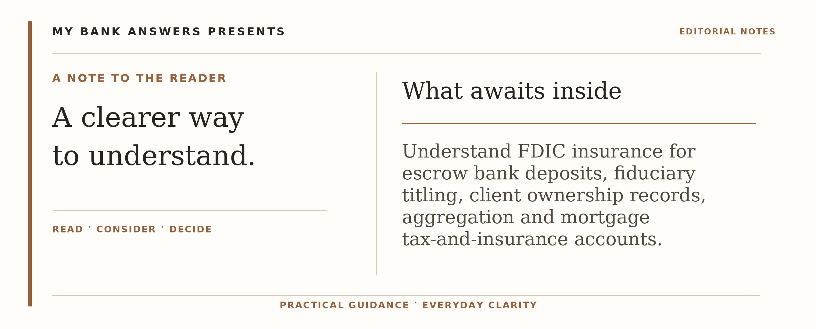Editorial introduction: Understand FDIC insurance for escrow bank deposits, fiduciary titling, client ownership records, aggregation and mortgage tax-and-insurance ac