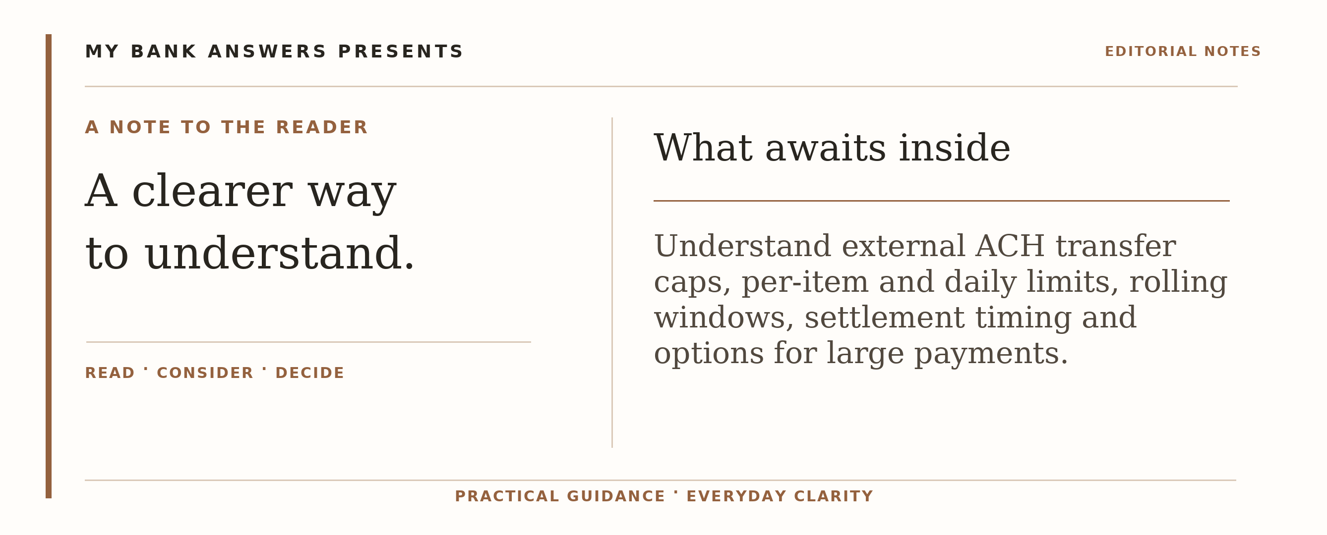 Editorial introduction: Understand external ACH transfer caps, per-item and daily limits, rolling windows, settlement timing and options for large payments.