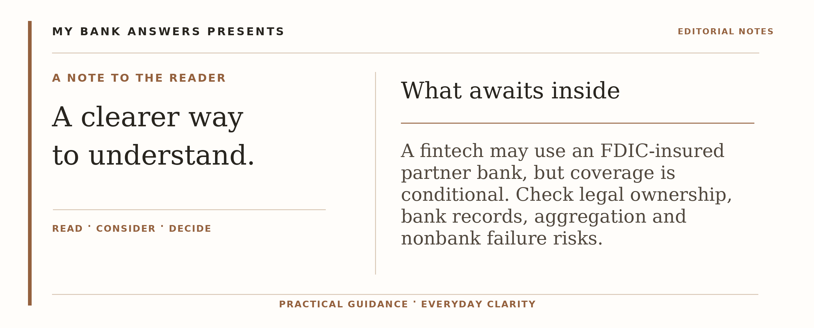 Editorial introduction: A fintech may use an FDIC-insured partner bank, but coverage is conditional. Check legal ownership, bank records, aggregation and nonbank fail