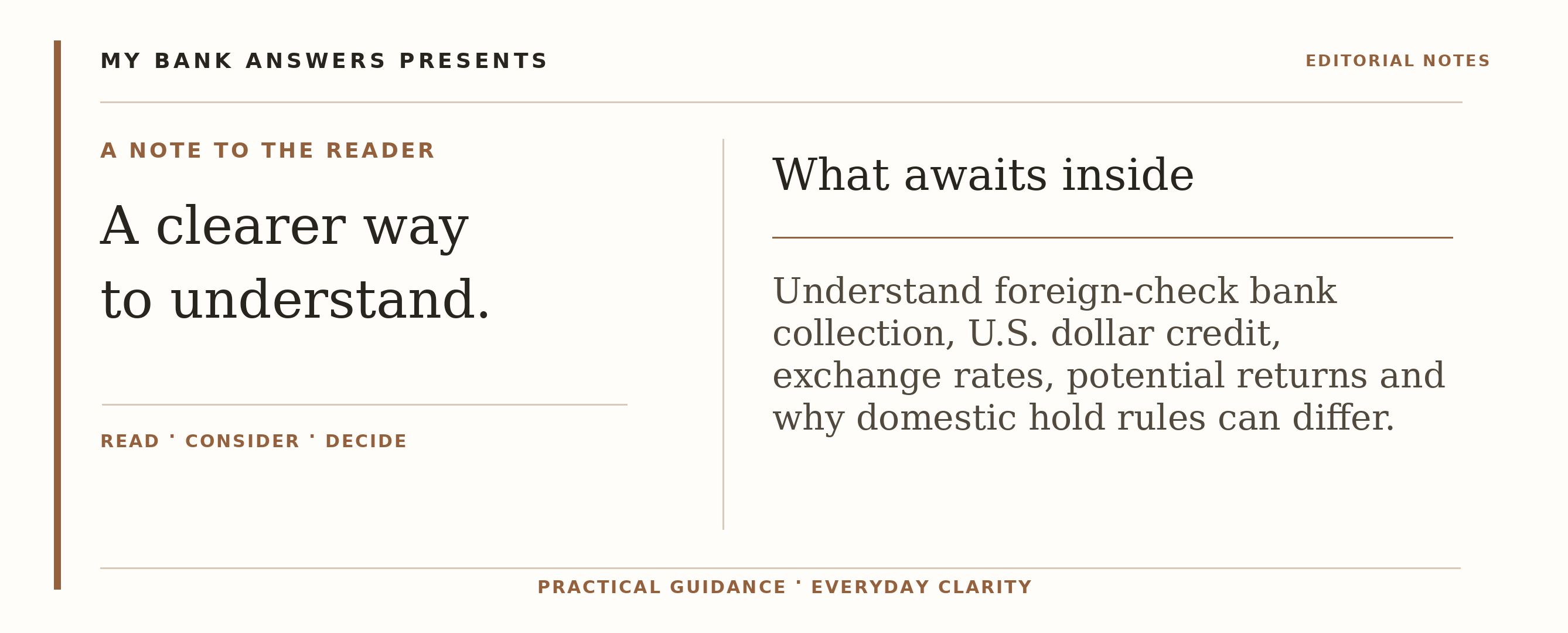 Editorial introduction: Understand foreign-check bank collection, U.S. dollar credit, exchange rates, potential returns and why domestic hold rules can differ.