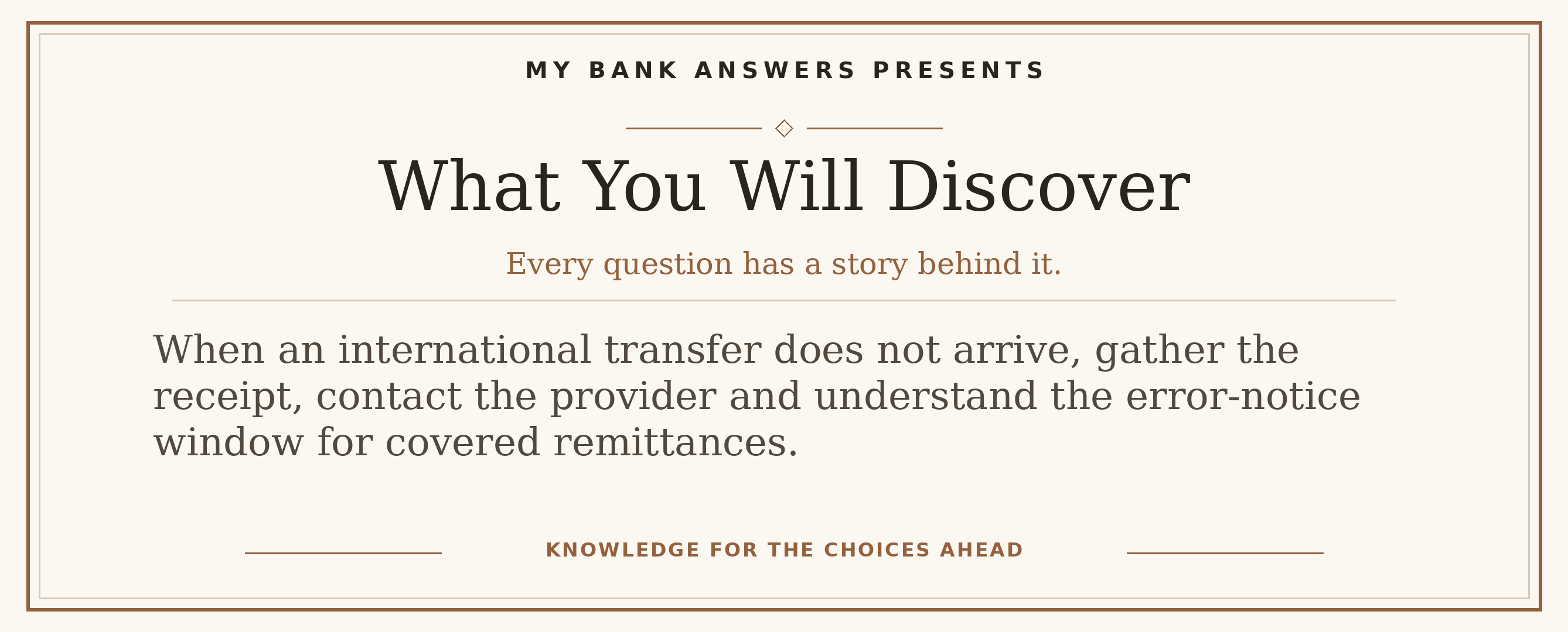 Editorial introduction: When an international transfer does not arrive, gather the receipt, contact the provider and understand the error-notice window for covered re