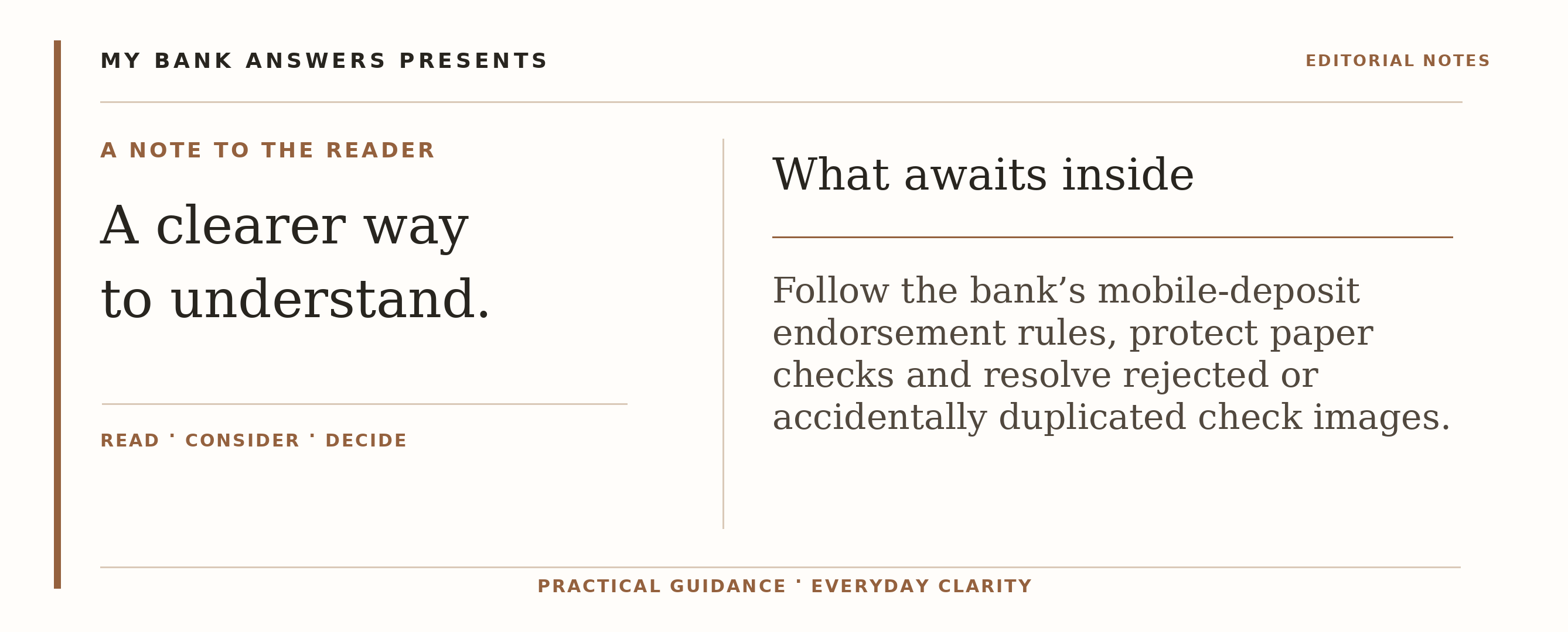 Editorial introduction: Follow the bank’s mobile-deposit endorsement rules, protect paper checks and resolve rejected or accidentally duplicated check images.