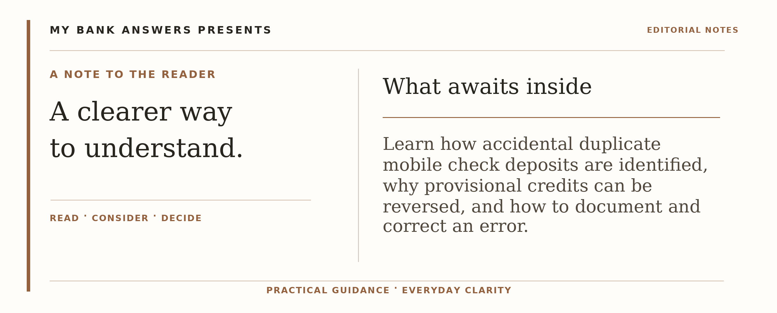 Editorial introduction: Learn how accidental duplicate mobile check deposits are identified, why provisional credits can be reversed, and how to document and correct 