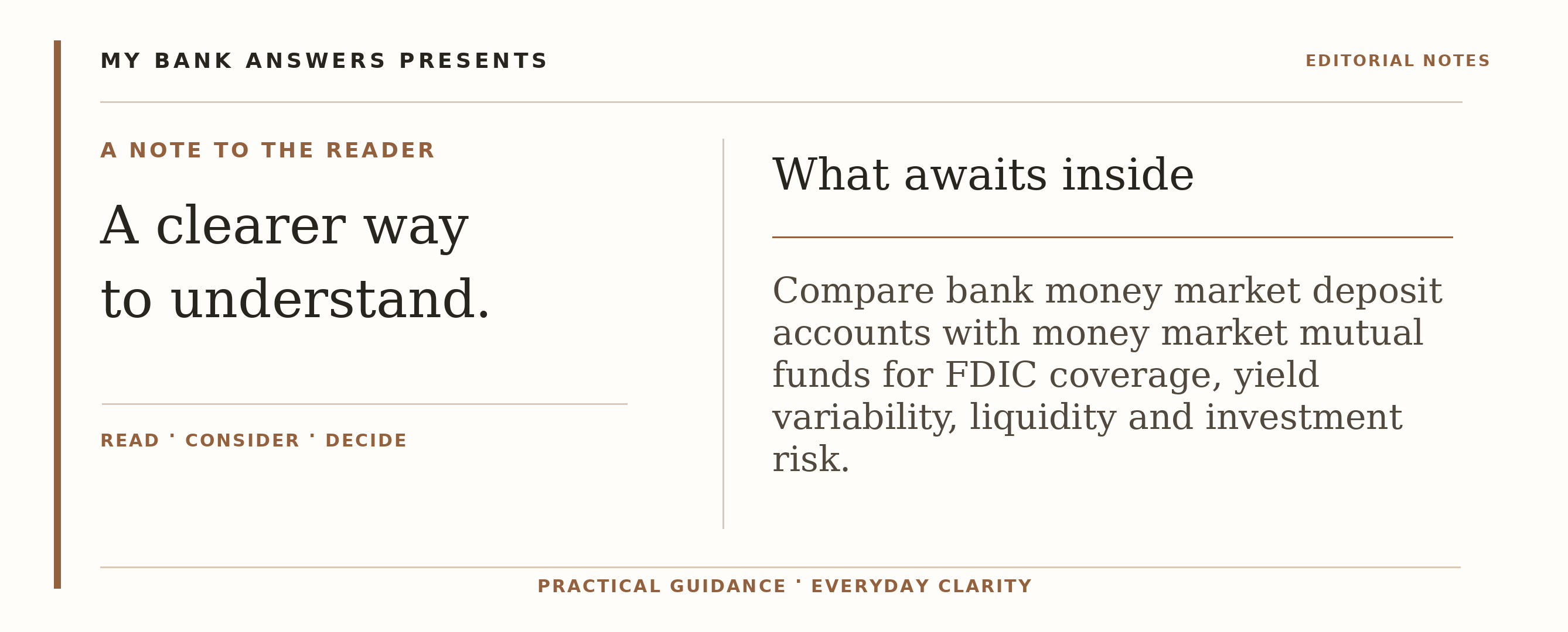 Editorial introduction: Compare bank money market deposit accounts with money market mutual funds for FDIC coverage, yield variability, liquidity and investment risk.