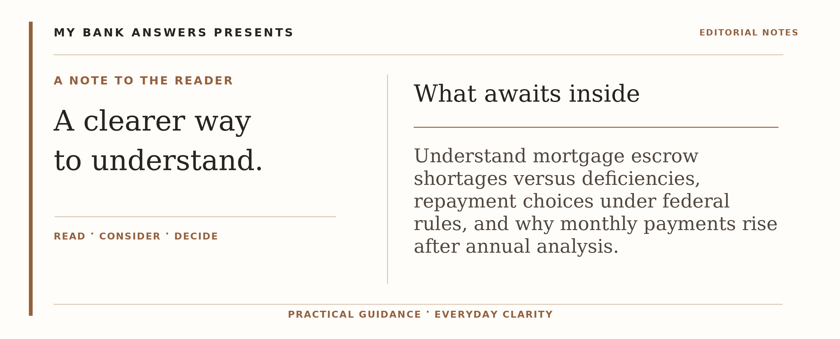 Editorial introduction: Understand mortgage escrow shortages versus deficiencies, repayment choices under federal rules, and why monthly payments rise after annual an