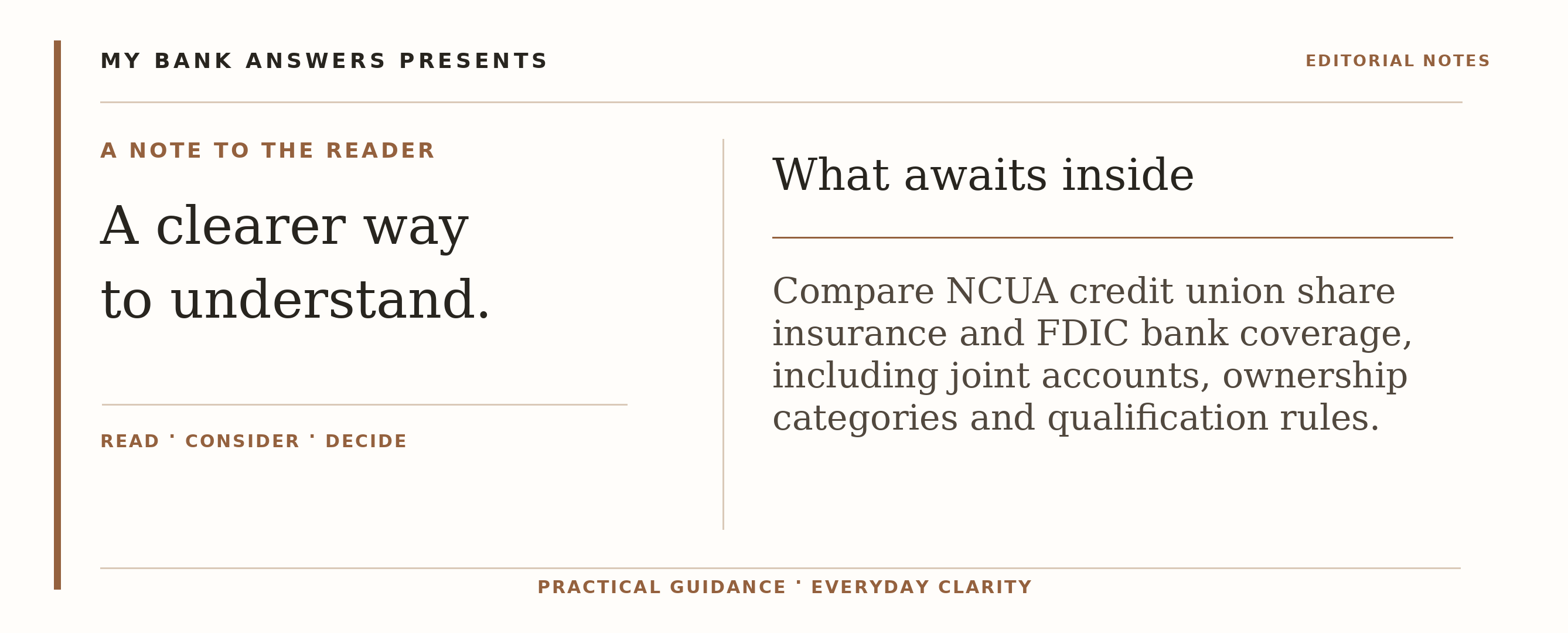 Editorial introduction: Compare NCUA credit union share insurance and FDIC bank coverage, including joint accounts, ownership categories and qualification rules.