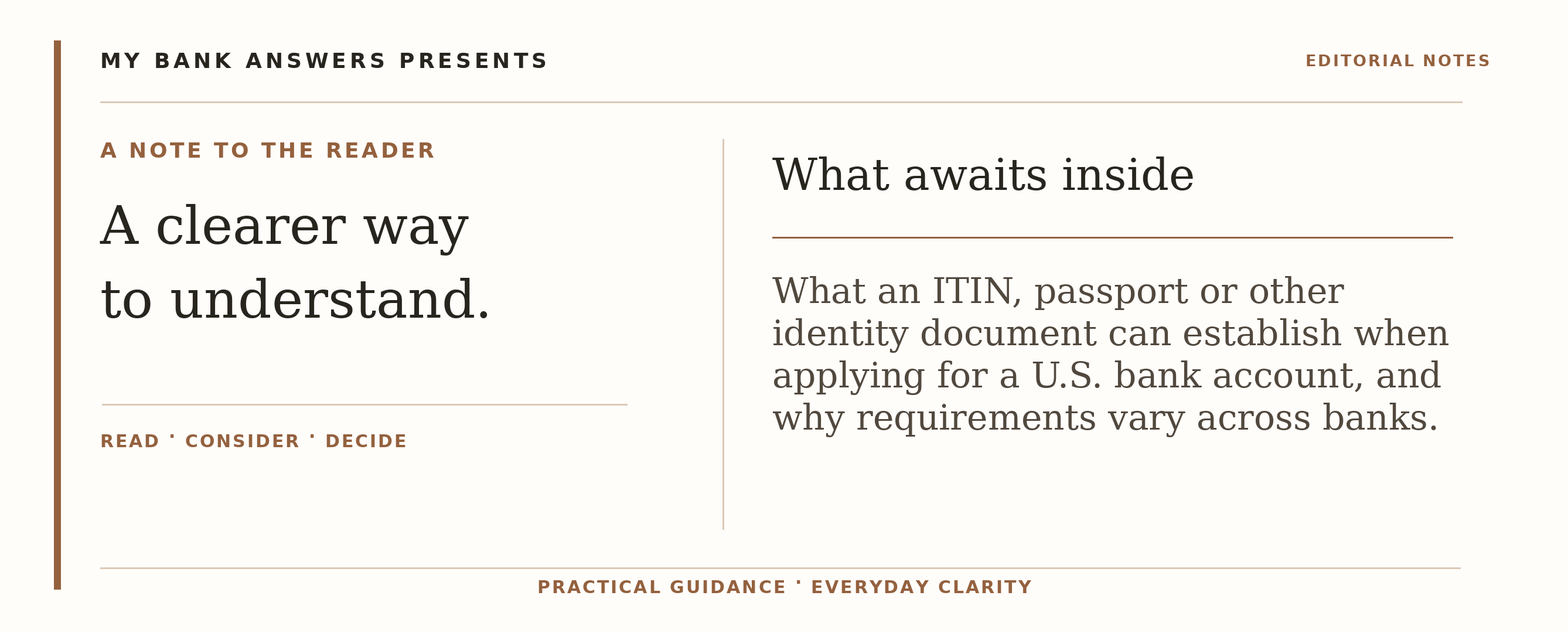 Editorial introduction: What an ITIN, passport or other identity document can establish when applying for a U.S. bank account, and why requirements vary across banks.