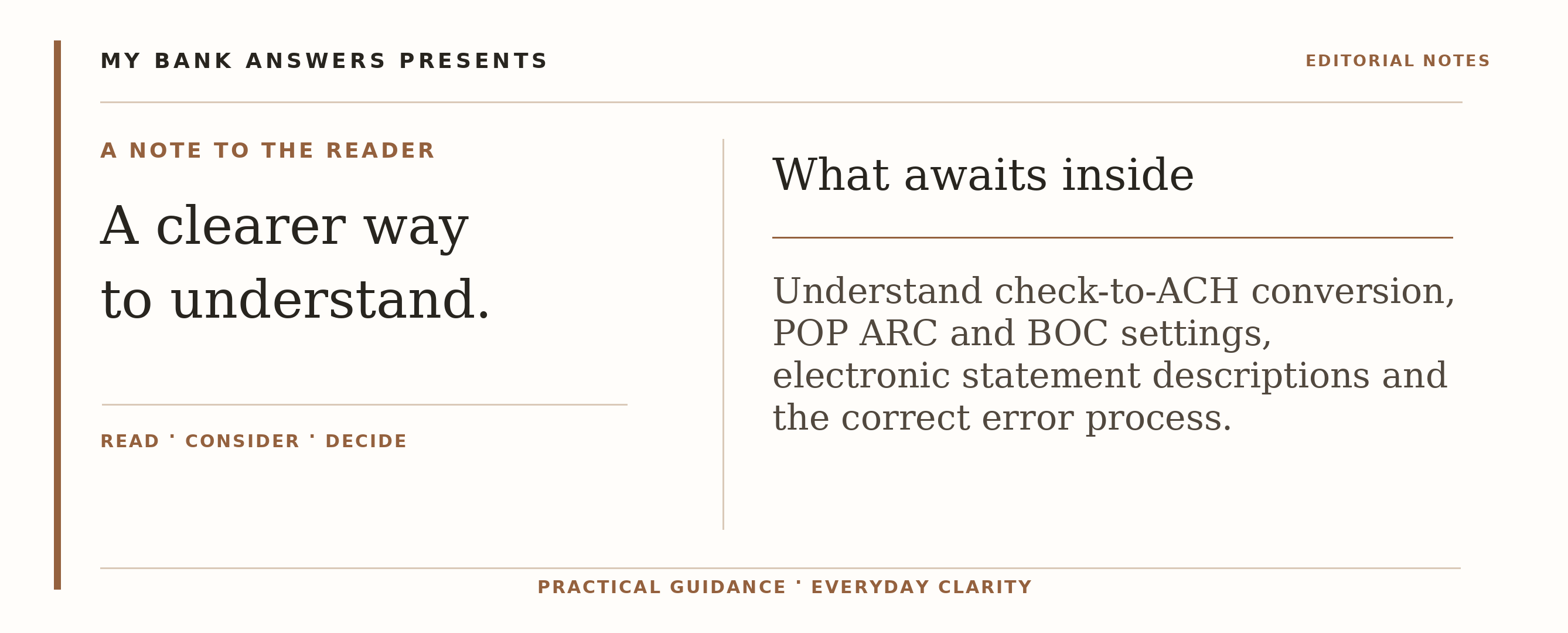 Editorial introduction: Understand check-to-ACH conversion, POP ARC and BOC settings, electronic statement descriptions and the correct error process.