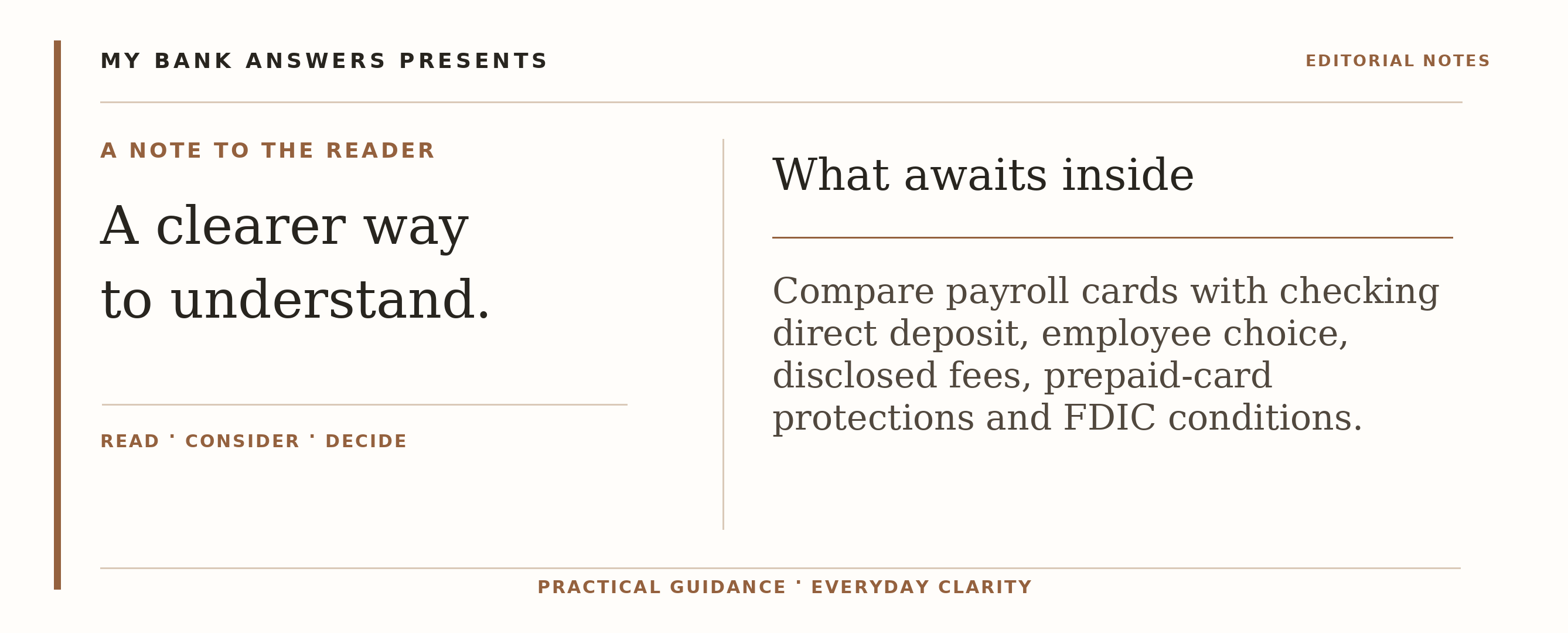 Editorial introduction: Compare payroll cards with checking direct deposit, employee choice, disclosed fees, prepaid-card protections and FDIC conditions.