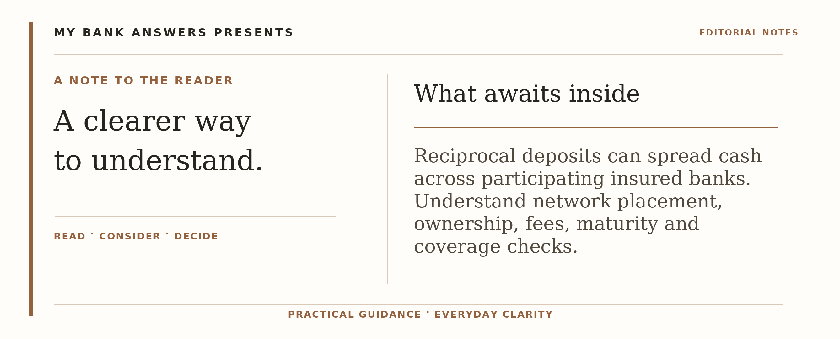 Editorial introduction: Reciprocal deposits can spread cash across participating insured banks. Understand network placement, ownership, fees, maturity and coverage c