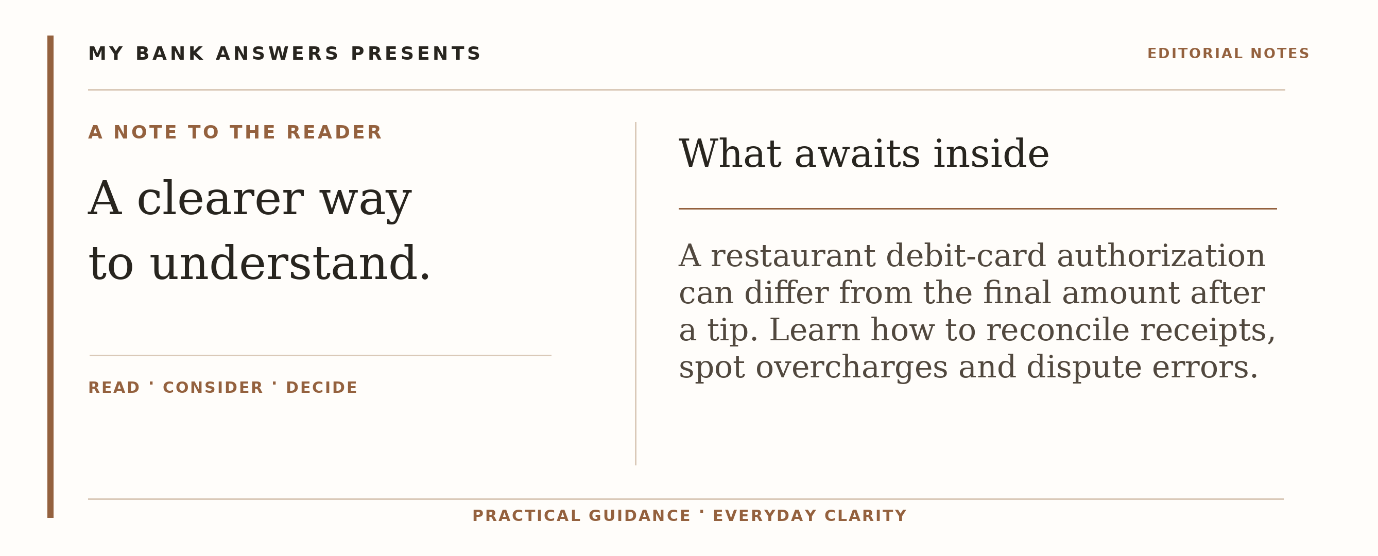 Editorial introduction: A restaurant debit-card authorization can differ from the final amount after a tip. Learn how to reconcile receipts, spot overcharges and disp