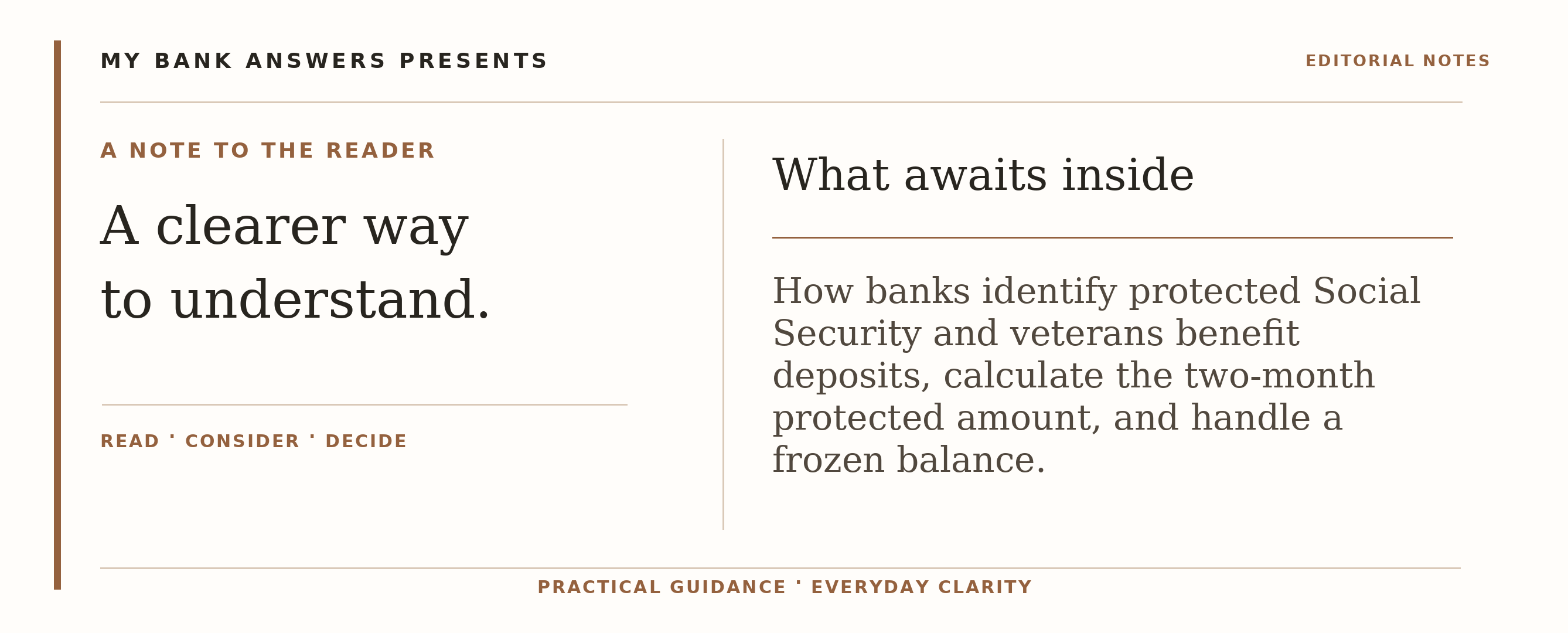 Editorial introduction: How banks identify protected Social Security and veterans benefit deposits, calculate the two-month protected amount, and handle a frozen bala