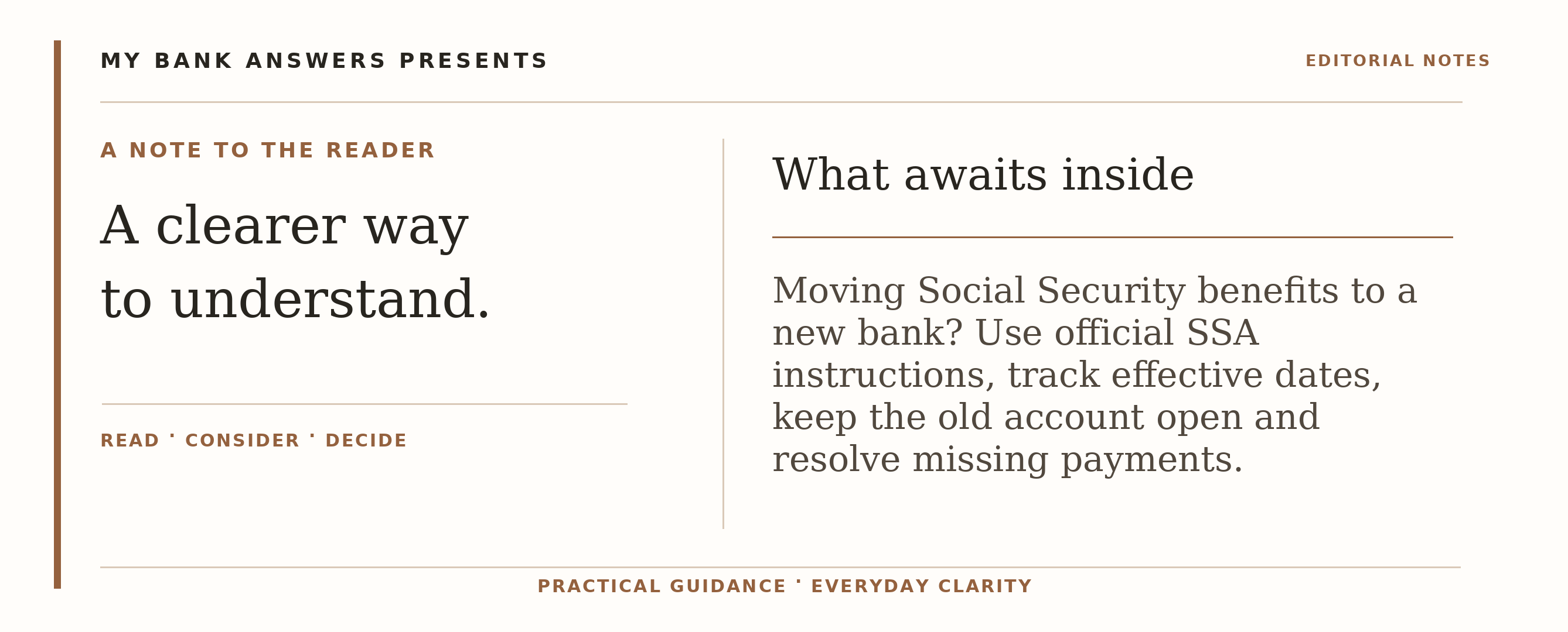 Editorial introduction: Moving Social Security benefits to a new bank? Use official SSA instructions, track effective dates, keep the old account open and resolve mis
