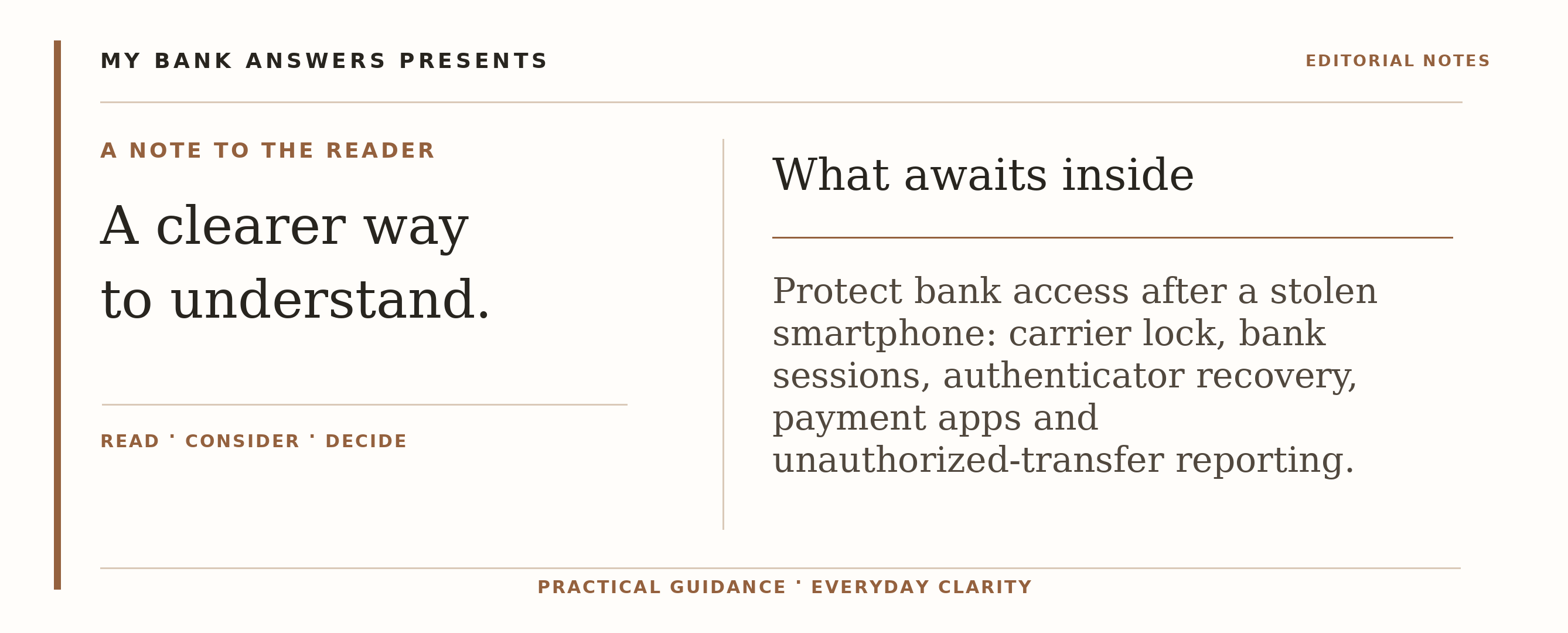 Editorial introduction: Protect bank access after a stolen smartphone: carrier lock, bank sessions, authenticator recovery, payment apps and unauthorized-transfer rep