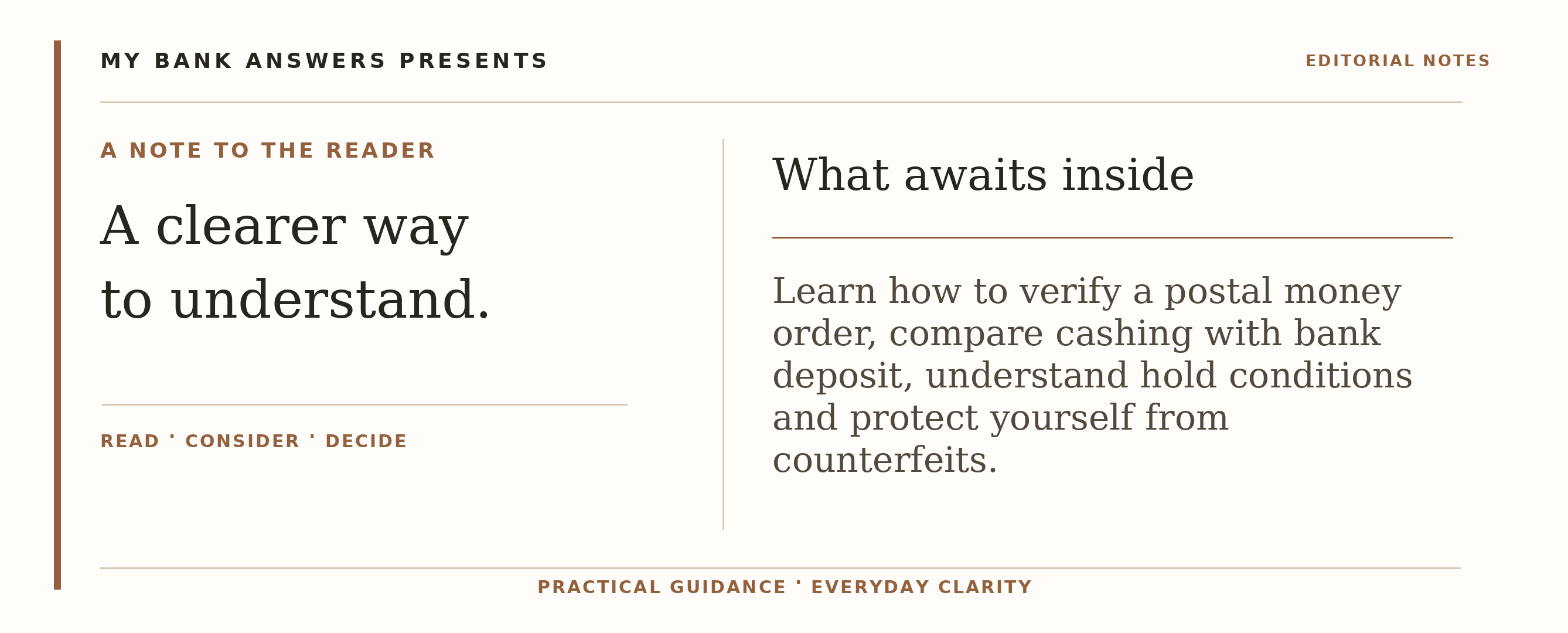 Editorial introduction: Learn how to verify a postal money order, compare cashing with bank deposit, understand hold conditions and protect yourself from counterfeits