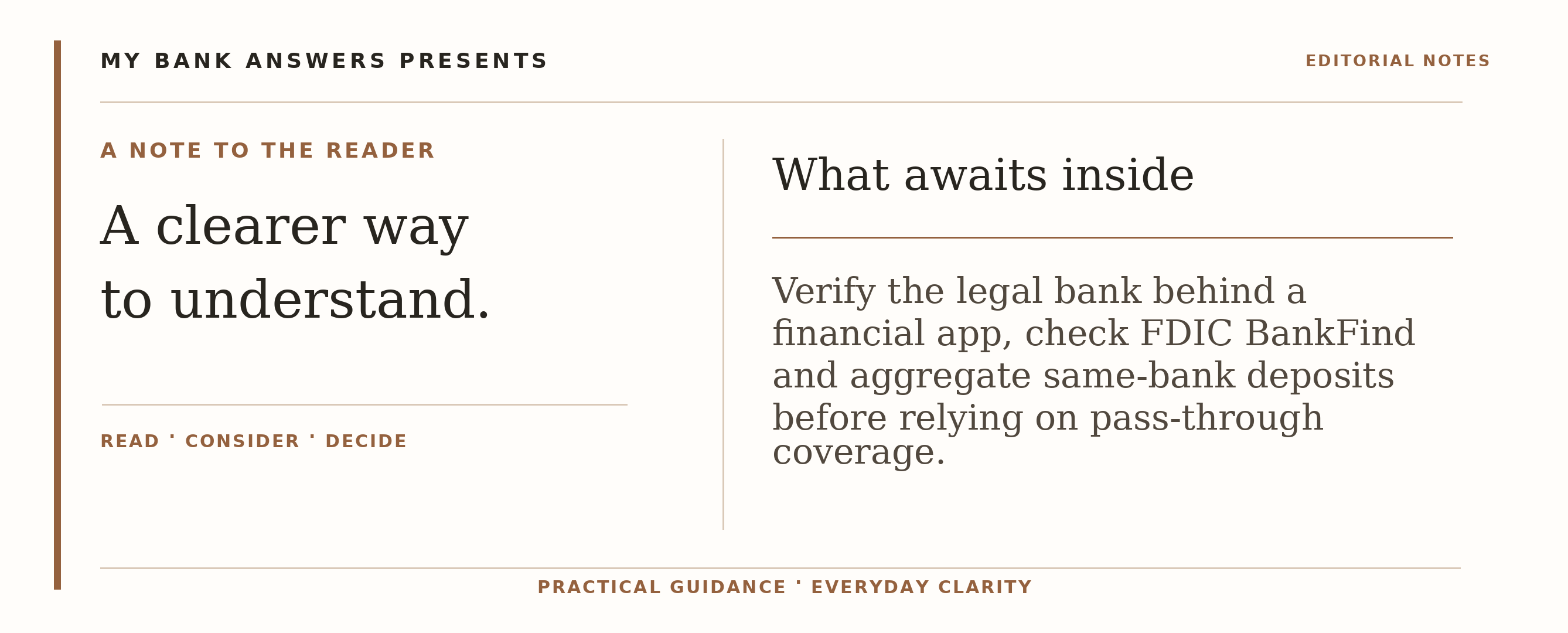 Editorial introduction: Verify the legal bank behind a financial app, check FDIC BankFind and aggregate same-bank deposits before relying on pass-through coverage.