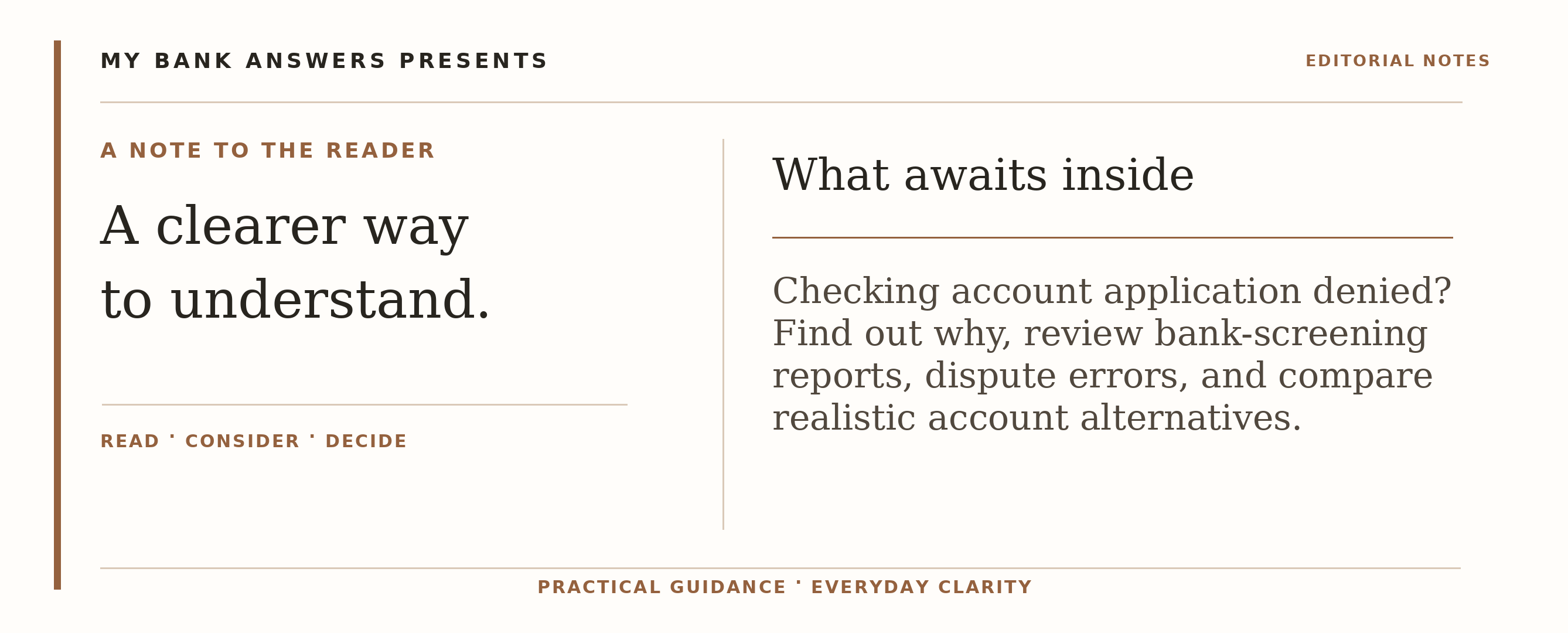 Editorial introduction: Checking account application denied? Find out why, review bank-screening reports, dispute errors, and compare realistic account alternatives.