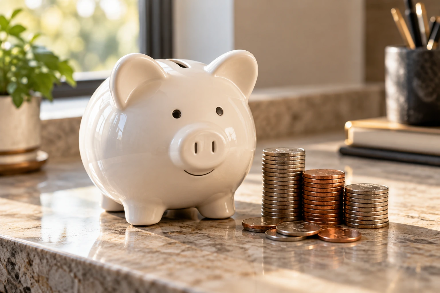 Piggy bank and savings coins