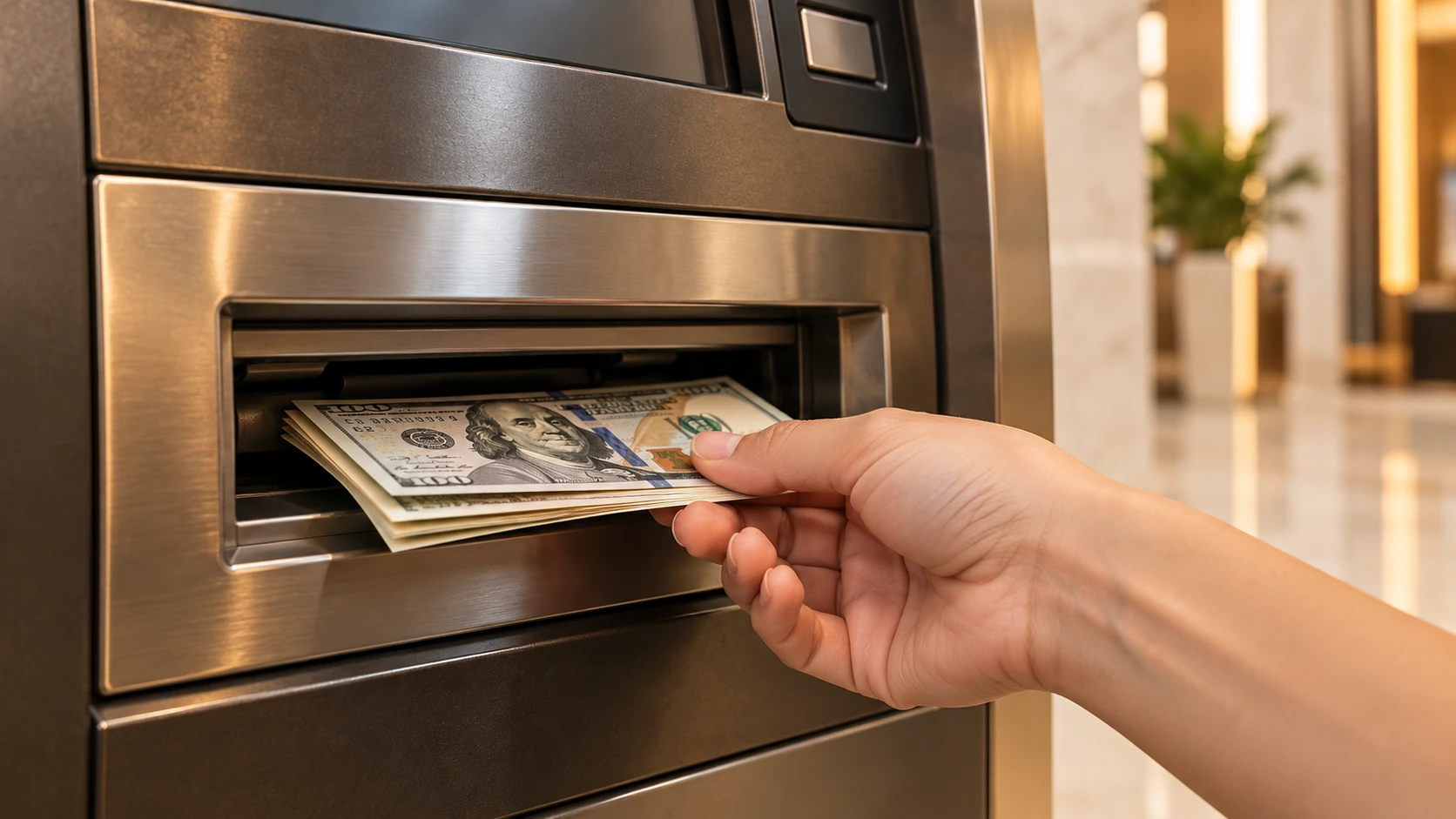 A hand receiving cash from a polished bank ATM